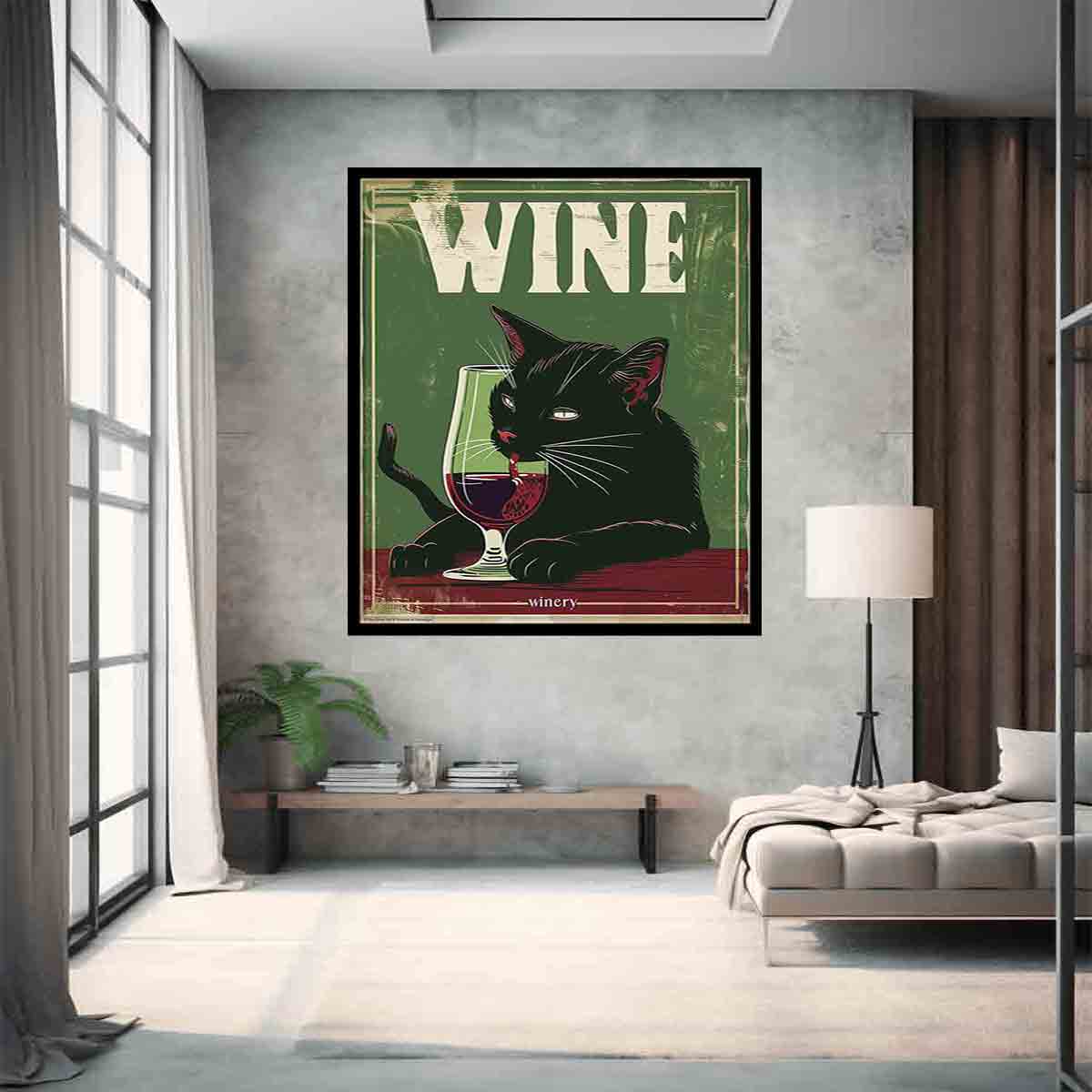 Black Cat Drinking Red Wine Wall Art - Funny Home Decor for Living Room, Bar & Office