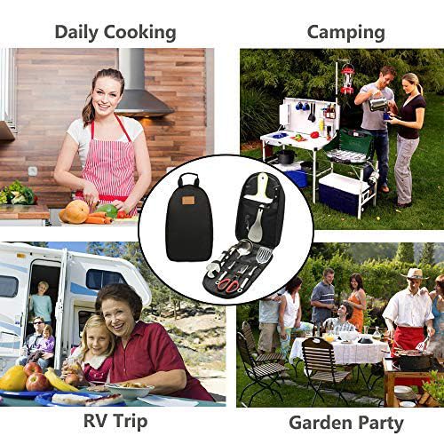 **Portable Camping Kitchen Utensil Set - Stainless Steel BBQ Cookware Organizer with Cutting Board, Tongs, Scissors, Knife, Ladle & Spatula - Perfect for Outdoor Cooking, Camping, Picnics & Travel**