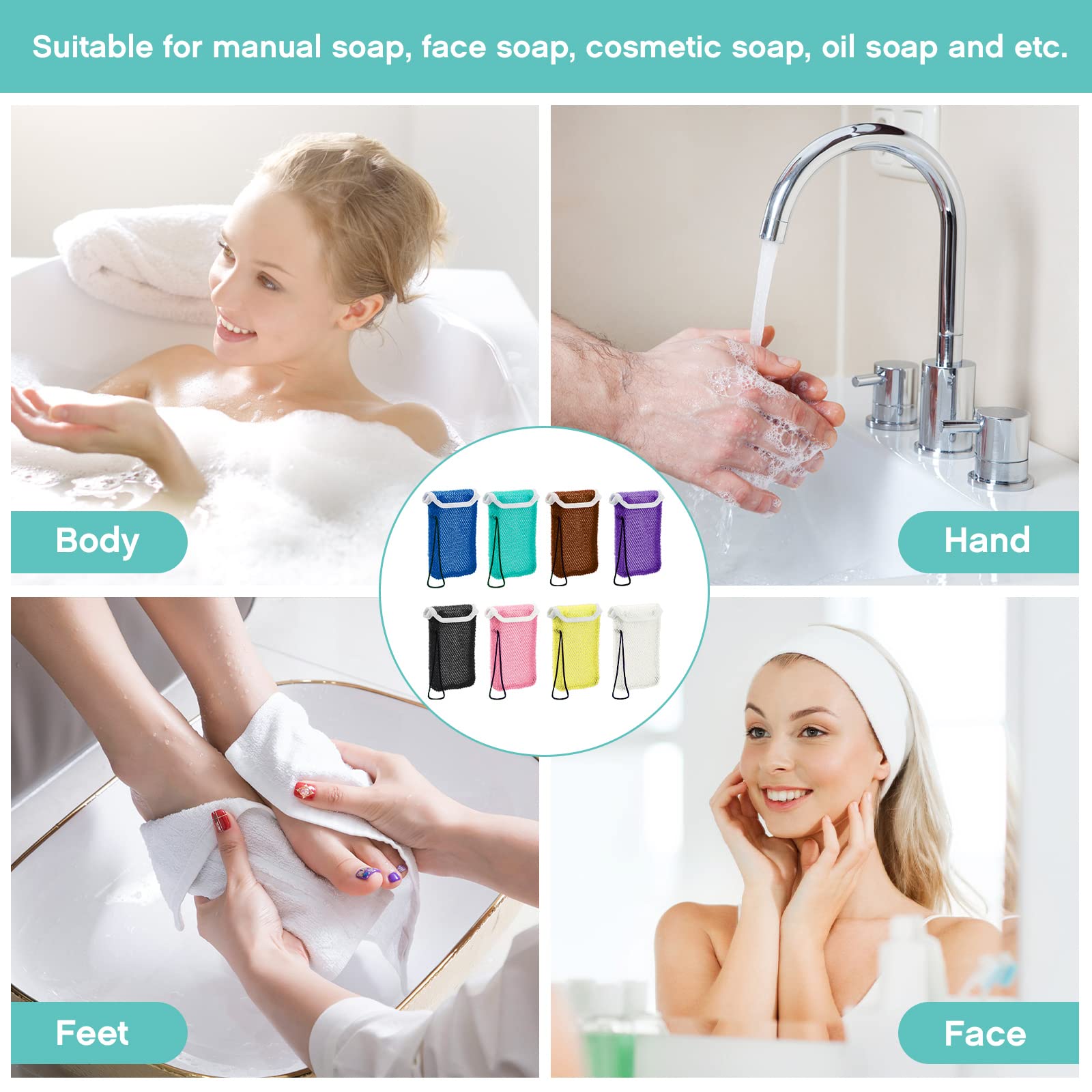 8-Piece Soap Saver Pouch Set - Exfoliating Loofah Scrubber & Soap Holder with Rope - Reusable Wash Bag for Bar Soap - Bath, Shower, Travel & Hand Washing - 8 Color Options for Women & Men