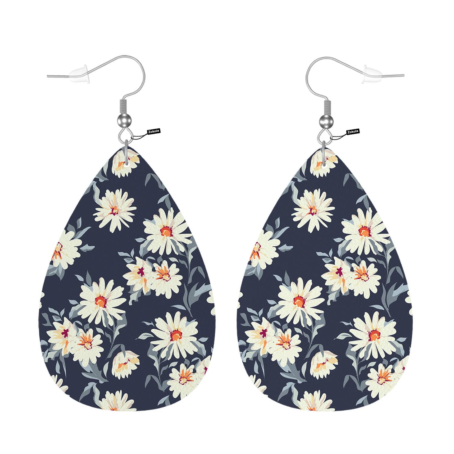 Zokola Drop Earrings - Daisy Floral Teardrop Earrings for Women, Lightweight Faux Leather Dangle Ear Pendants, Spring White Flower Meadow Design | Perfect for Spring Outfits, Weddings, and Everyday Wear