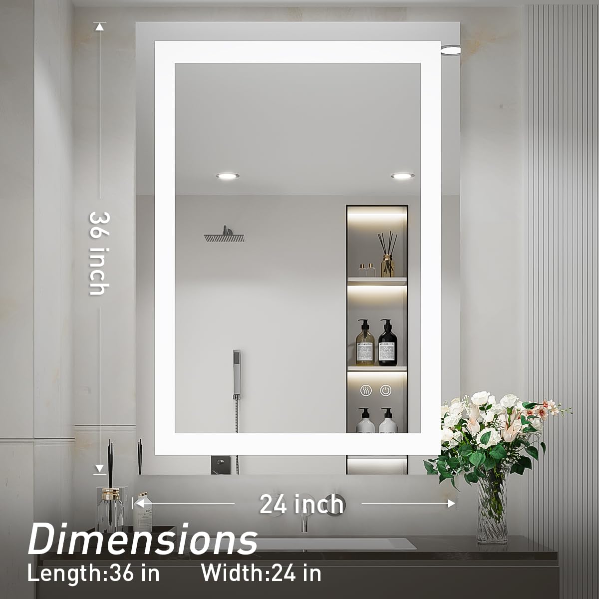 36 x 24 Inch LED Bathroom Mirror with Dimmable Lights & Anti-Fog - Frameless Wall Mounted Vanity Mirror with Memory Function (Horizontal/Vertical) - Perfect for Makeup, Shaving & Home Decor