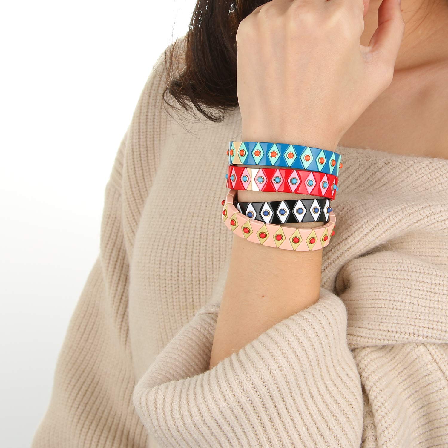 KELITCH Women's Stretch Beaded Bracelet Set - Colorful Enamel Arrow & Square Charm Bracelets for Casual Wear, Gift Giving & Everyday Fashion Accessories