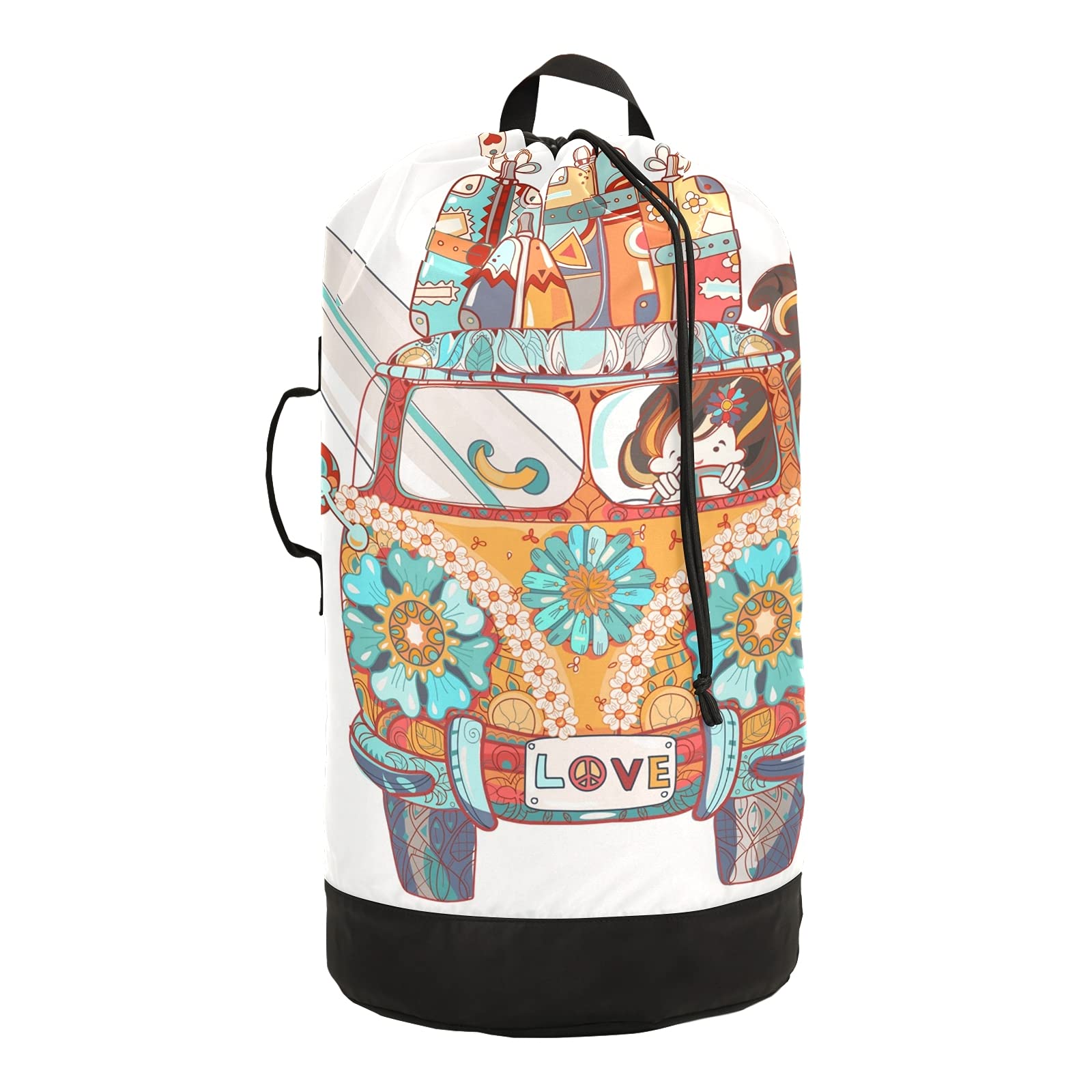 Retro Bus Laundry Backpack - Nylon Drawstring Hamper for Travel & College
