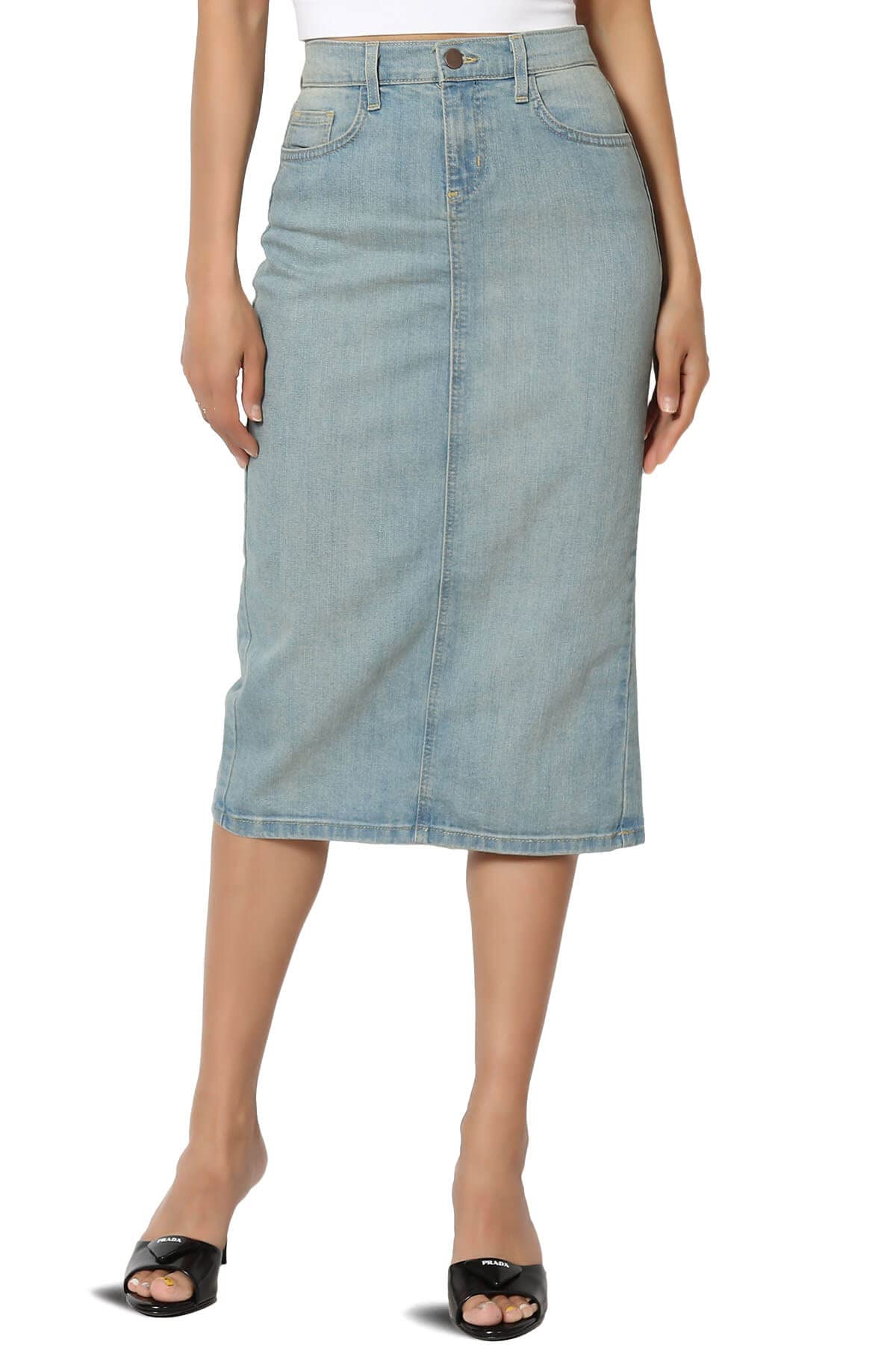 The Mogan Stone Wash Denim Pencil Skirt - Knee Length Stretch Midi Skirt for Women | Perfect for Casual Outfits, Office Wear & Date Nights