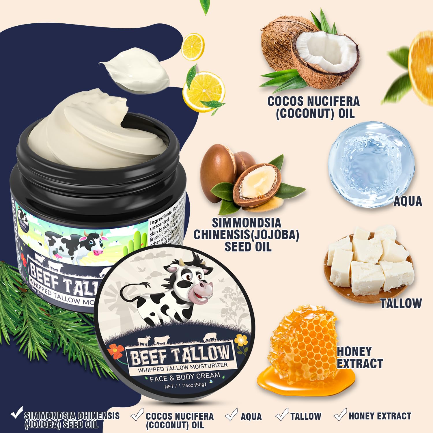Organic Grass-Fed Beef Tallow Balm for Face & Body - 100% Natural Whipped Tallow Moisturizer, Unscented Skin Care for Sensitive Skin | Hydrating Face Cream & Body Lotion for Dry Skin, Eczema & DIY Beauty