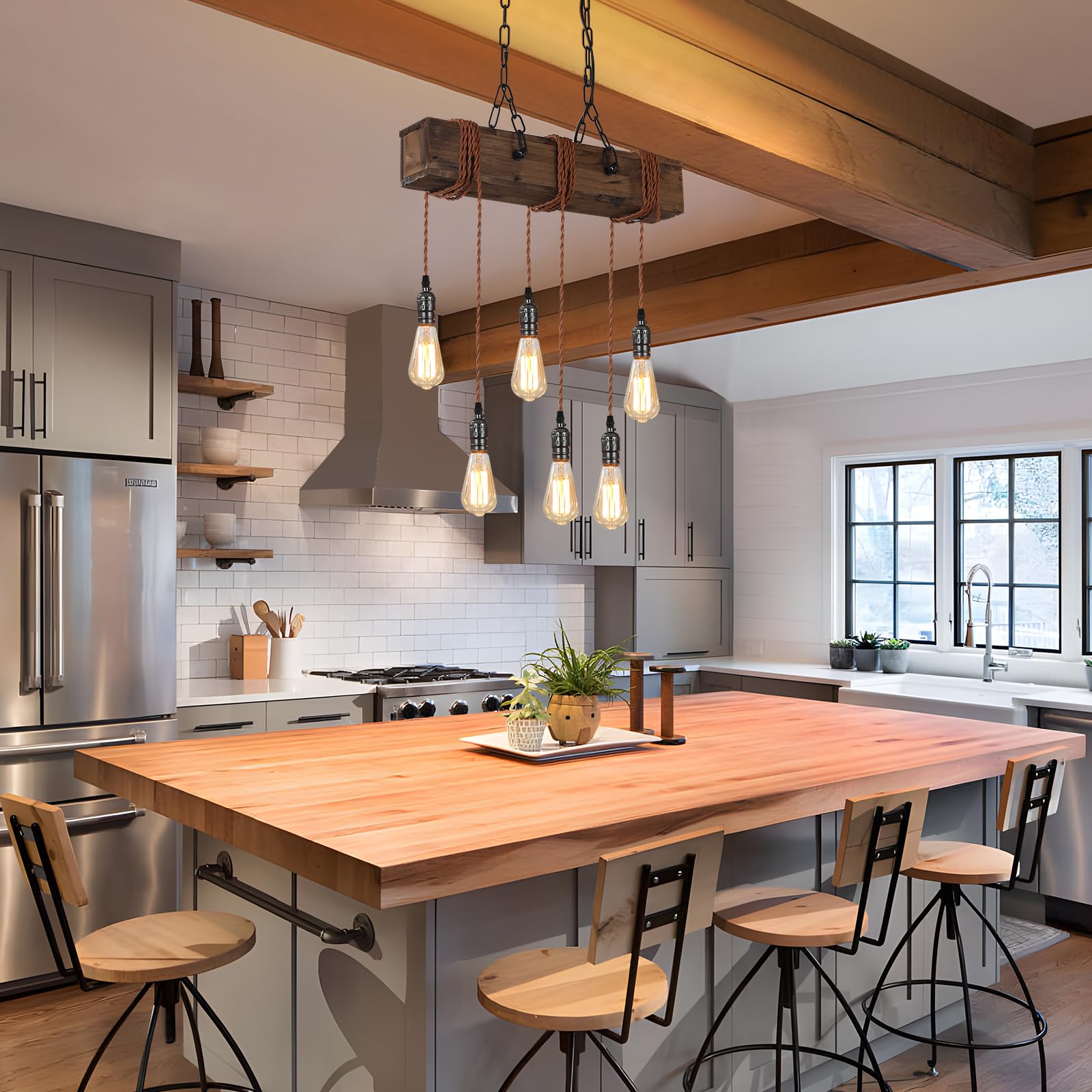 KEESFU 6-Light Farmhouse Wooden Chandelier - Adjustable Rustic Ceiling Pendant Light for Kitchen Island, Dining Room, Bar, Pool Table & Cabin - Perfect for Country Style Home Decor