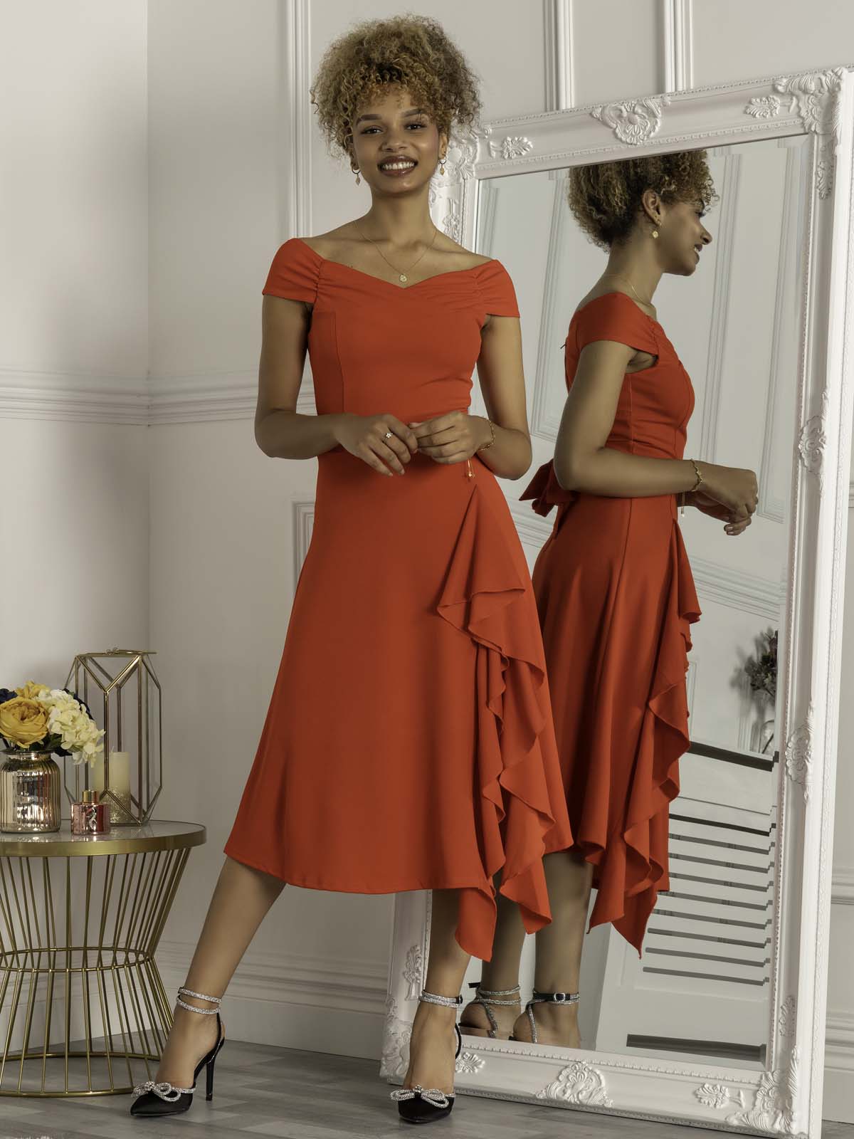 DESIREE Women's Floral Fit & Flare Dress - Scarlet Red, Elegant Ruffled Hem, A-Line Summer Dress for Parties, Dates & Special Occasions