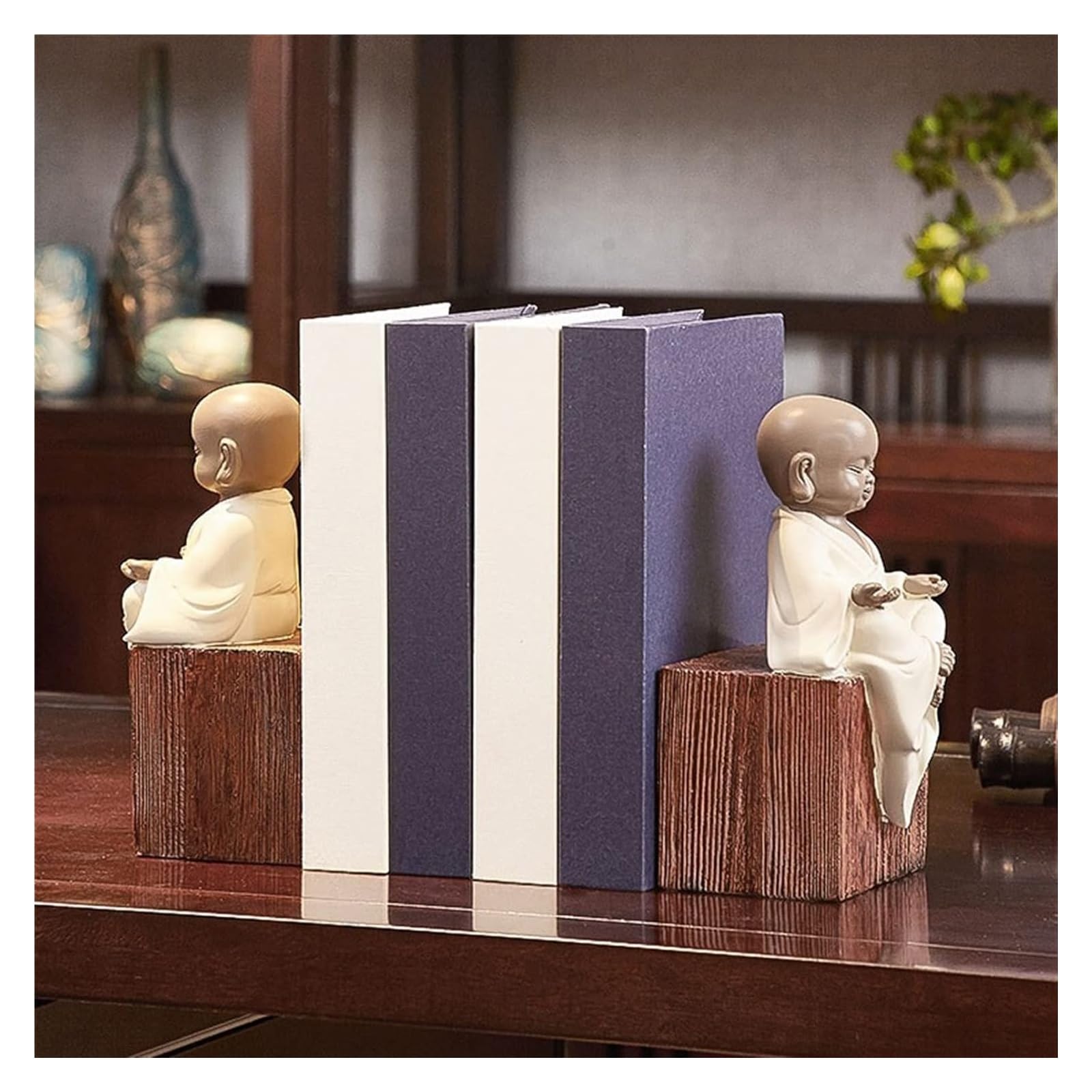 Zen Monk Bookends - Unique Buddhist Decor Book Stands for Shelves, Non-Skid Book Holder for Home Office & Meditation Room Decor