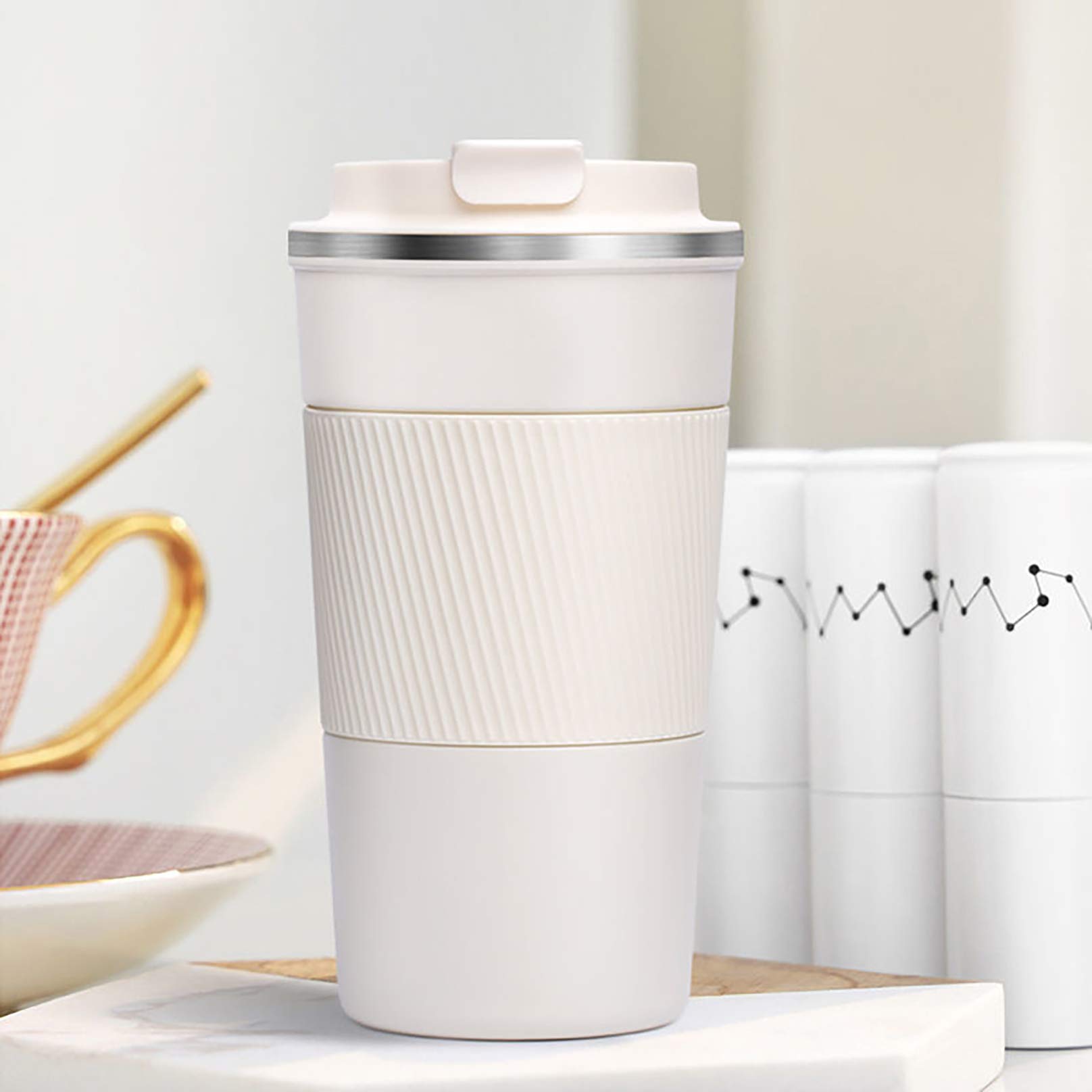 17oz Stainless Steel Vacuum Insulated Coffee Travel Mug - Double Wall Insulated Tumbler for Hot & Cold Drinks - Leak Proof Lid - Perfect for Office, Commuting & Outdoor Activities (White)