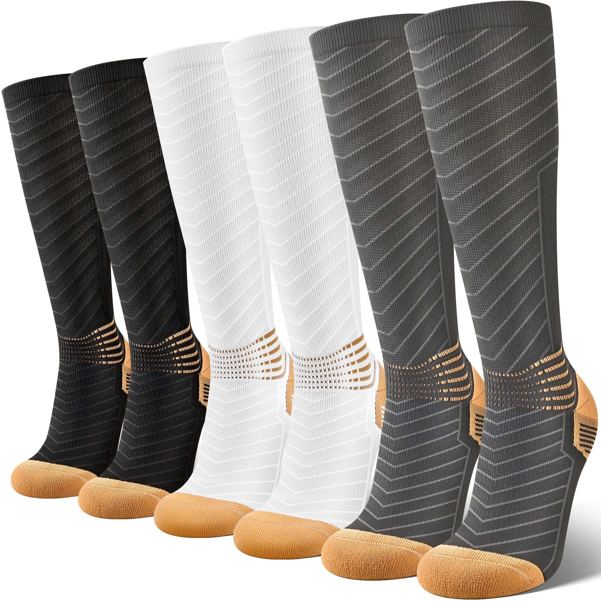 IRAMY Copper Compression Socks for Men & Women - 3 Pairs Knee High Socks with V-Shape Gradient, Ankle Support & Coolmax Technology - Ideal for Running, Travel & Varicose Vein Relief