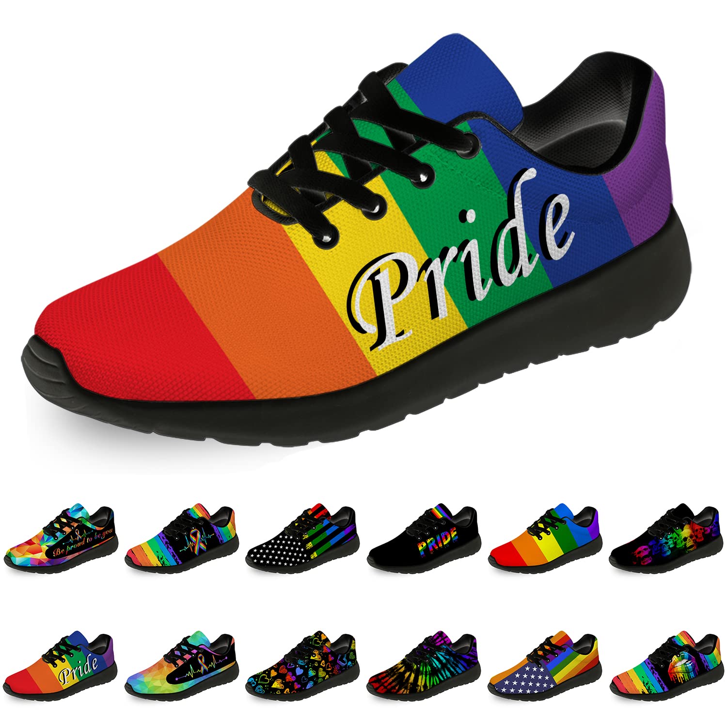 Men's & Women's Pride Running Shoes - LGBT Rainbow Sneakers for Walking, Tennis & Running - Gay Pride Flag Design - Size 12 Men/15 Women in Black & Multicolor - Perfect for Pride Parades, LGBTQ+ Events & Everyday Wear