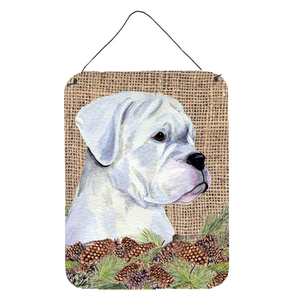 White Boxer Dog on Faux Burlap with Pine Cones Metal Wall Art Sign - 12x16 Inch Rustic Home Decor for Kitchen, Bathroom, Front Door & Bar - Durable Aluminum Hanging Plaque for Farmhouse & Cabin Style Decor