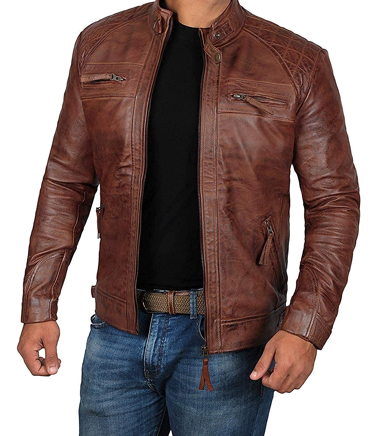 Decrum Genuine Leather Jacket for Men - Premium Black & Brown Motorcycle Biker Jacket | Stylish Outerwear for Riding, Casual Wear & Night Out