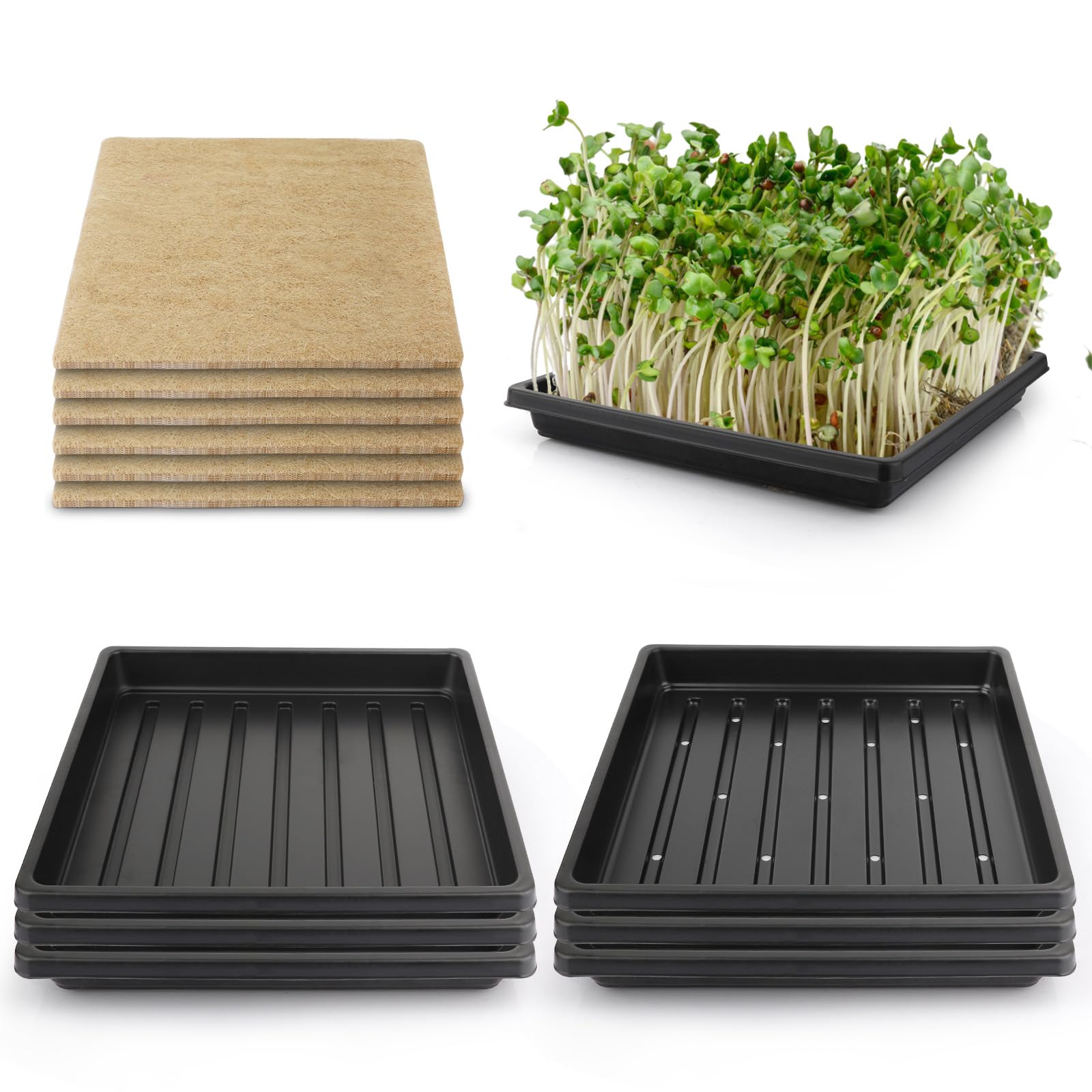 **12Pcs Hemp Mats & 6Pcs 10-Inch Square Trays - Microgreens Growing Kit for Indoor Sprouting, Herb Seeds Starter with Jute Pads (2 Tray Styles) - Perfect for Home Gardening, Healthy Salads & Organic Cooking**