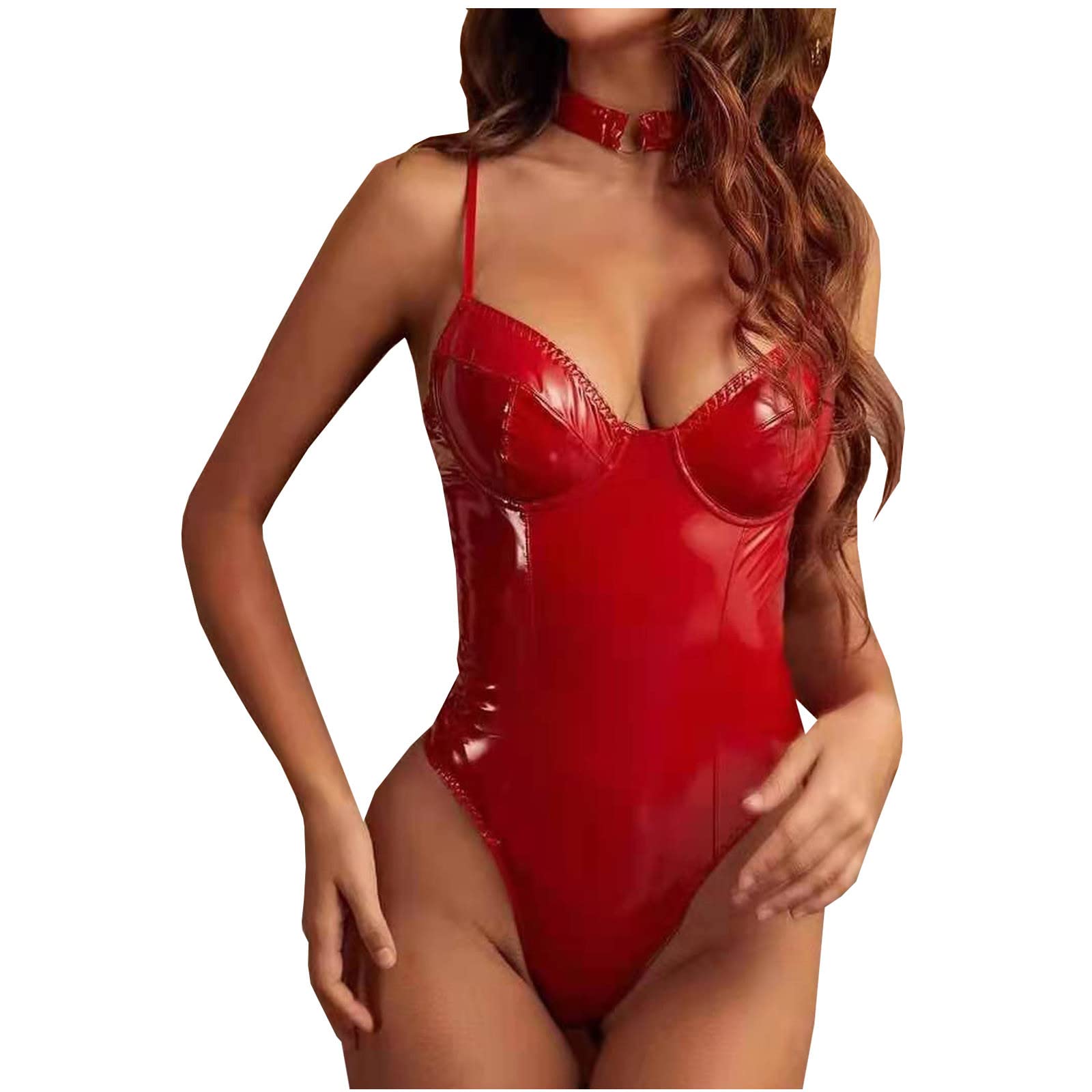 Sexy Women's One Piece Leather Lingerie - Lace Mesh Faux Teddy Babydoll with Strappy Corset Design for Wet Look Nightwear | Perfect for Valentine's Day, Boudoir Photoshoots & Romantic Nights