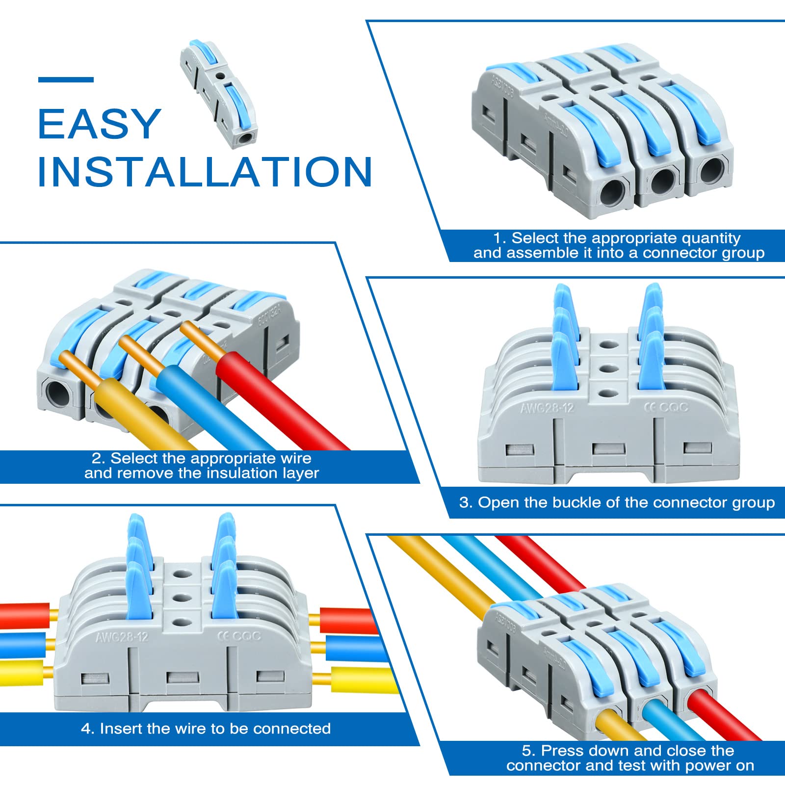 Zhengmy 50 Pcs Lever Wire Connectors - Compact Single Wire Connector Assortment for 28-12 AWG (Gray, Blue) - Ideal for Home Electrical Wiring, DIY Projects, and Automotive Repairs