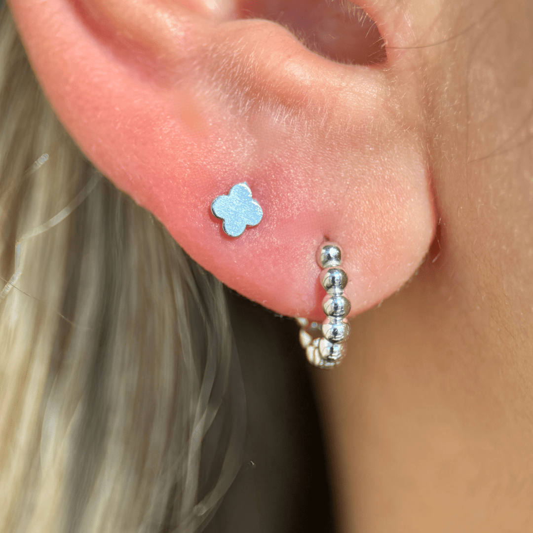 14K White Gold Clover Stud Earrings - Dainty & Elegant Flat Back Earrings for Women - Perfect for Everyday Wear, Parties & Gifts