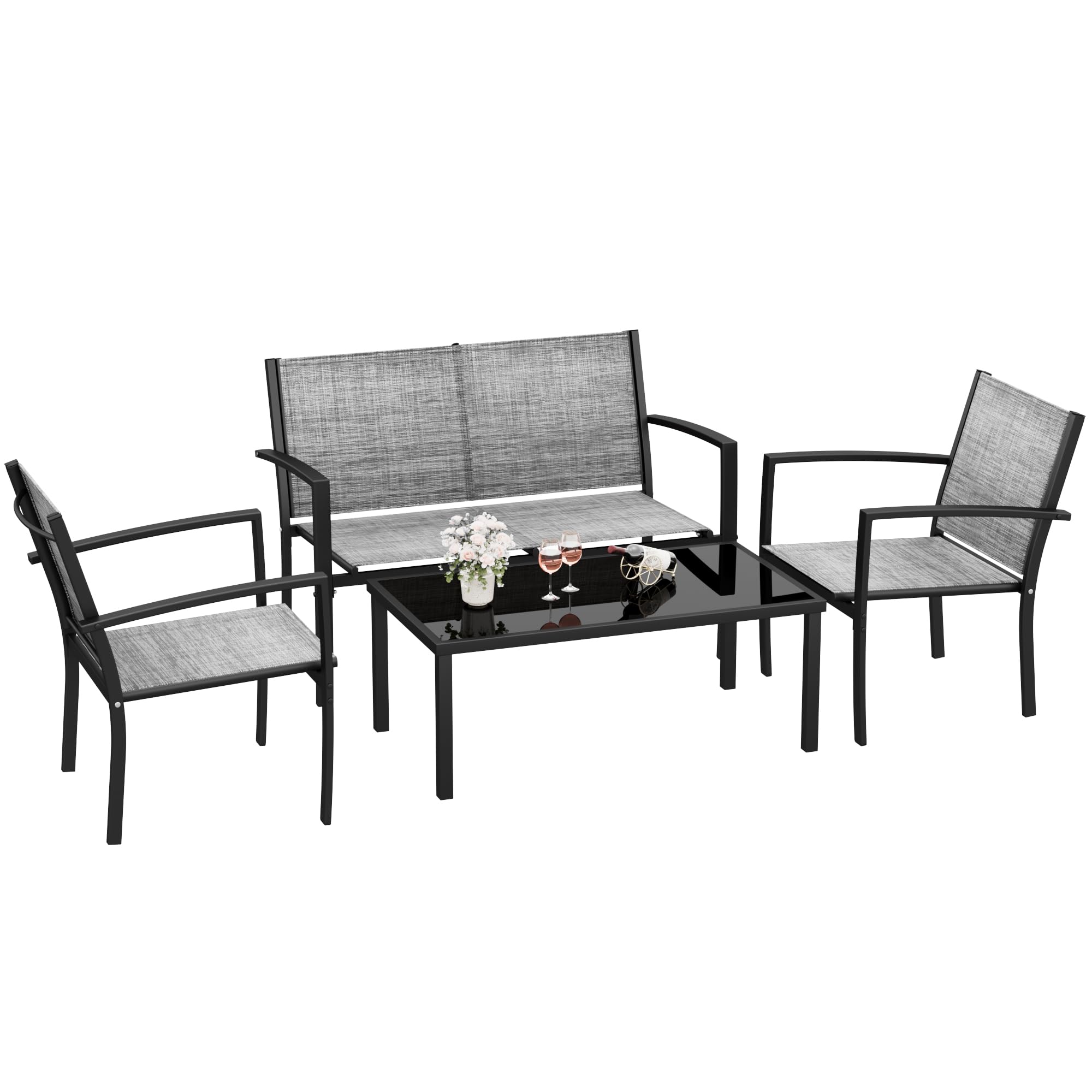 Rankok 4-Piece Modern Outdoor Patio Furniture Set - Textilene Wicker Conversation Set with Loveseat, 2 Chairs & Coffee Table - Waterproof & UV Resistant for Porch, Lawn, Poolside, Balcony or Backyard (Gray) - Perfect for Relaxing, Entertaining & Outdoor Dining