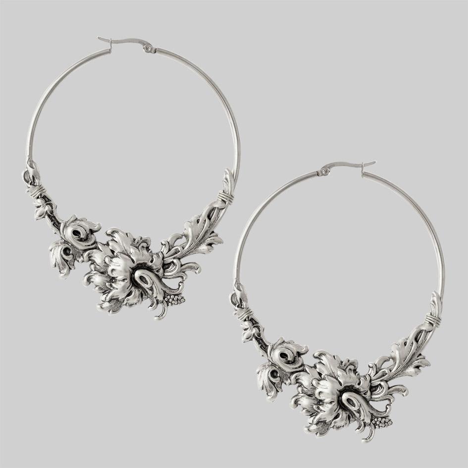 PARADISE Silver Floral Hoop Earrings for Women - Elegant Vintage Dangle Jewelry for Parties, Weddings & Everyday Wear