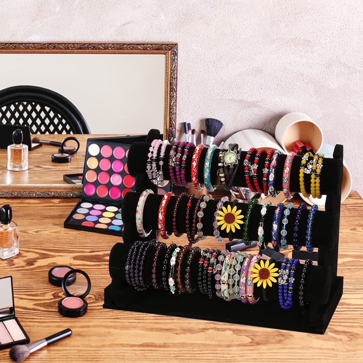 3-Tier Black Velvet Jewelry Display Stand - Forever Lover Bracelet Holder with Detachable Rack for Necklaces, Bangles, Watches & Hair Accessories | Perfect for Vendor Booths, Boutique Displays & Home Organization