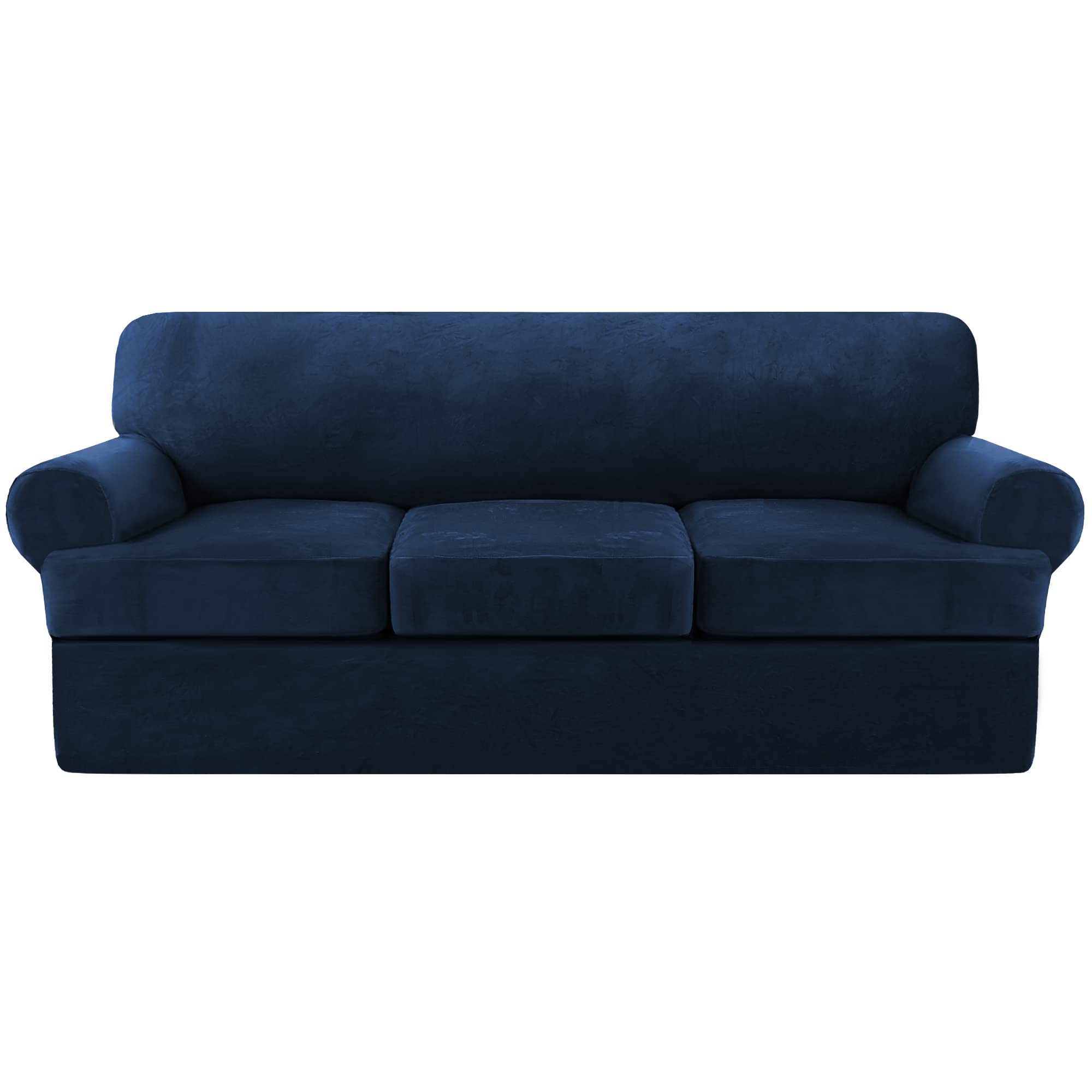 Velvet T-Cushion Sofa Slipcover 4-Piece Set - Soft Stretchable Couch Cover for Sectional Sofas - Furniture Protector with 3 Individual T-Cushion Seat Covers (Navy Blue) - Perfect for Living Room, Family Room & Home Decor