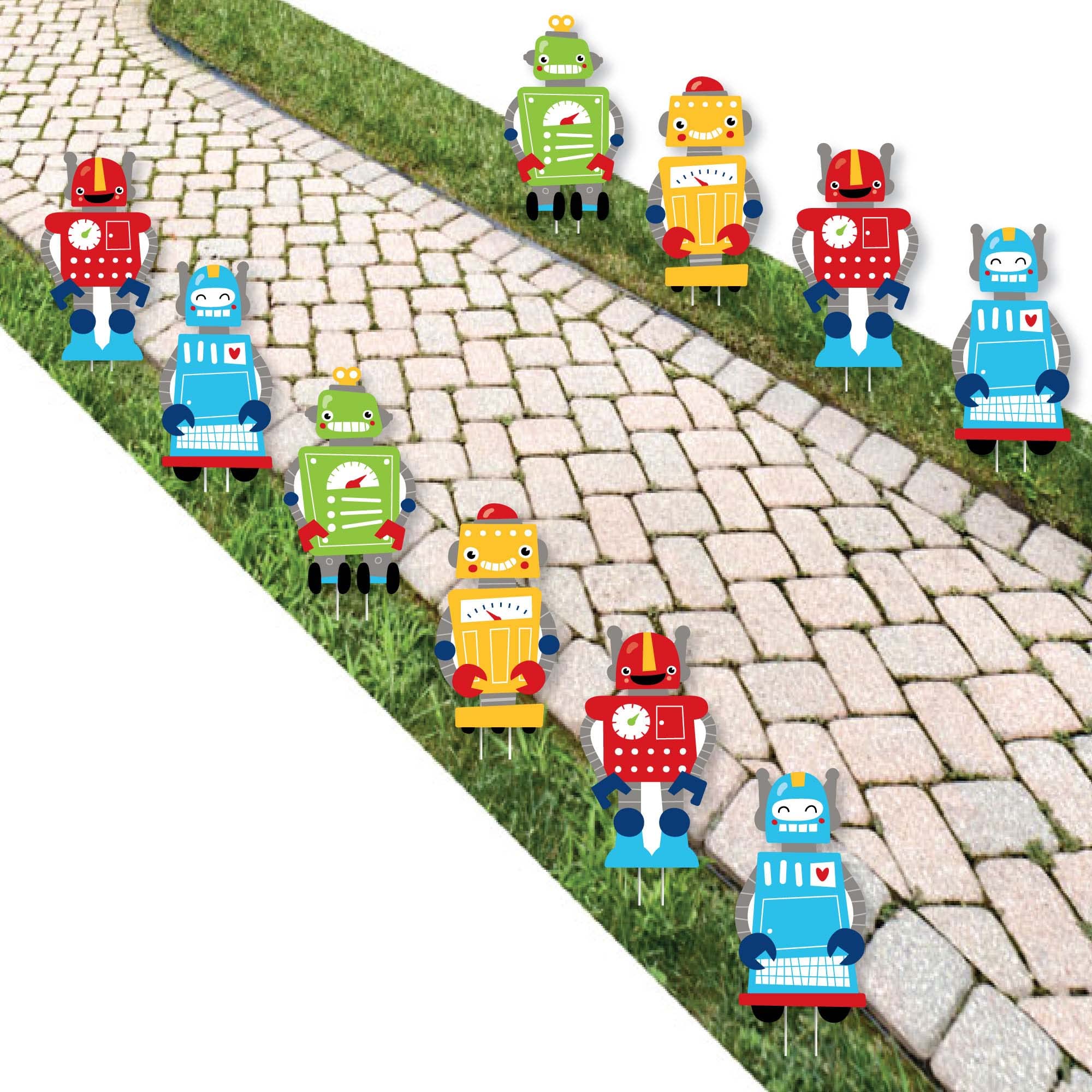 Big Dot of Happiness Gear Up Robots - 10-Piece Outdoor Lawn Decorations Set for Birthday Parties, Baby Showers, and Garden Decor - Perfect for Kids' Events and Backyard Celebrations