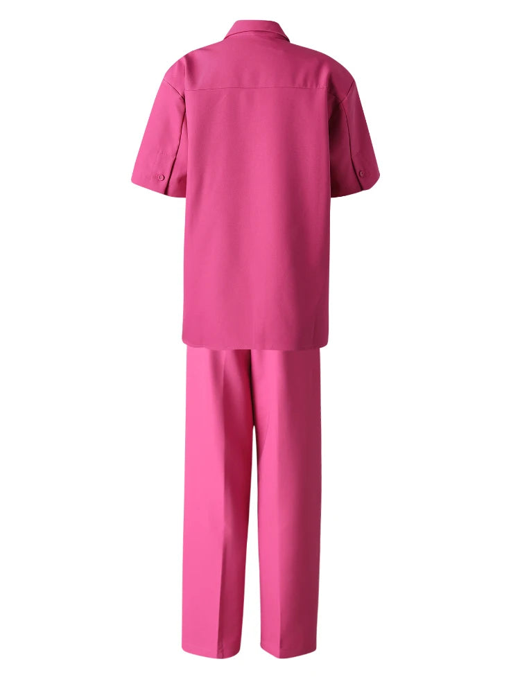 Women's Big Size Rose Red Shirt & Wide Leg Pants Two-Piece Suit - 2025 Spring Summer Fashion Trendy Lapel Short Sleeve Outfit (CPG3119) | Perfect for Office Wear, Date Night & Summer Parties