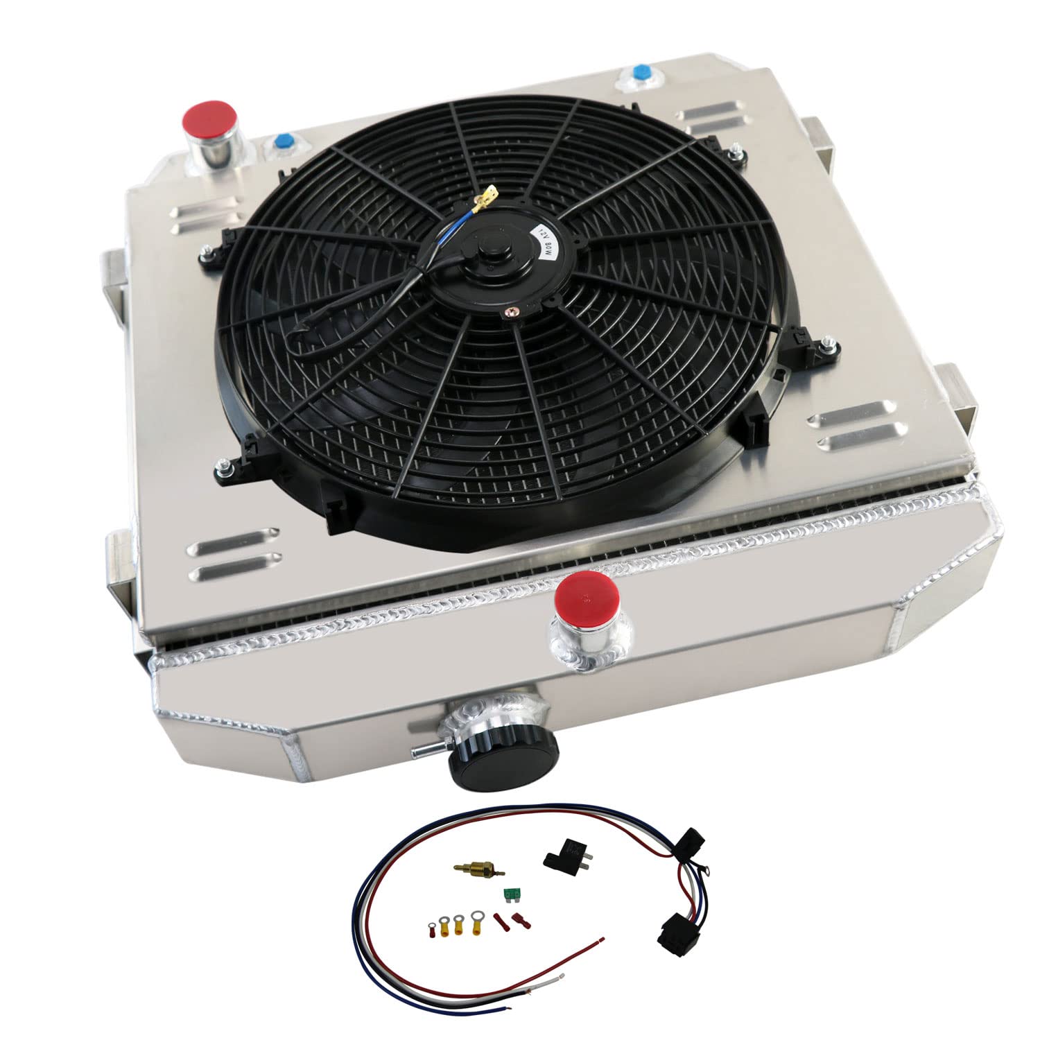 High-Performance 4 Core Aluminum Radiator with Shroud Fan & Relay Kit - Compatible with 1955-1957 Chevy Bel Air & Del Ray V8 - Easy Mounting & US Shipping - Perfect for Classic Car Restoration & Hot Rod Upgrades