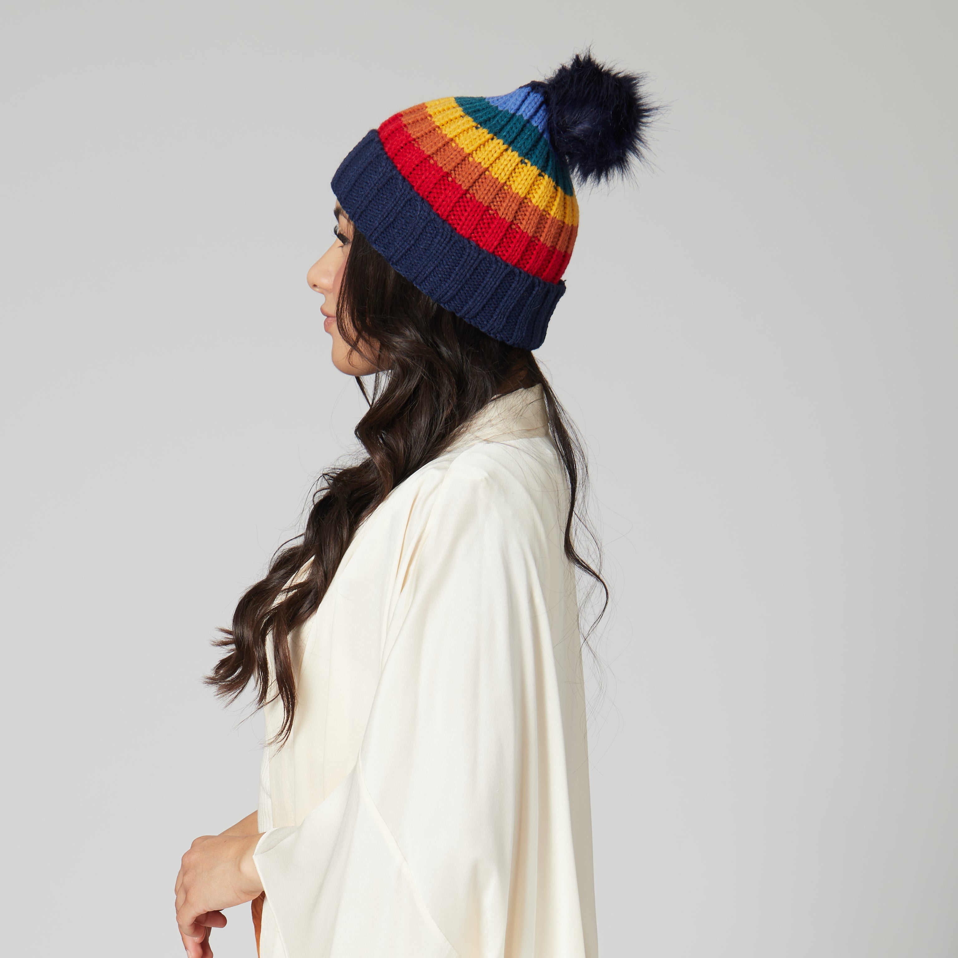 Women's Chunky Knit Rainbow Stripe Beanie with Faux Fur Pom Pom - Warm Winter Hat for Outdoor Activities, Skiing & Snowboarding