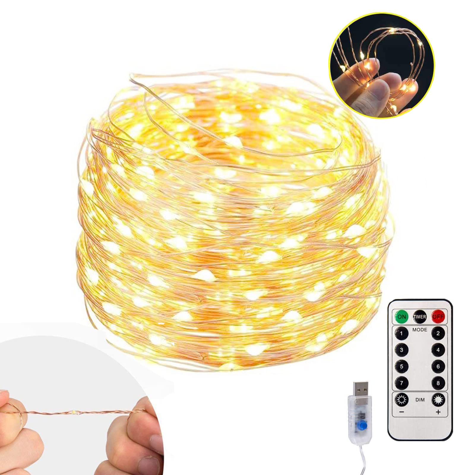 200 LED Fairy Lights 66ft with Remote - USB Powered String Lights, 8 Lighting Modes & Timer - Warm White Waterproof Indoor/Outdoor Decorative Lights for Bedroom, Party, Wedding, Christmas, Garden, Wall & Window Decor