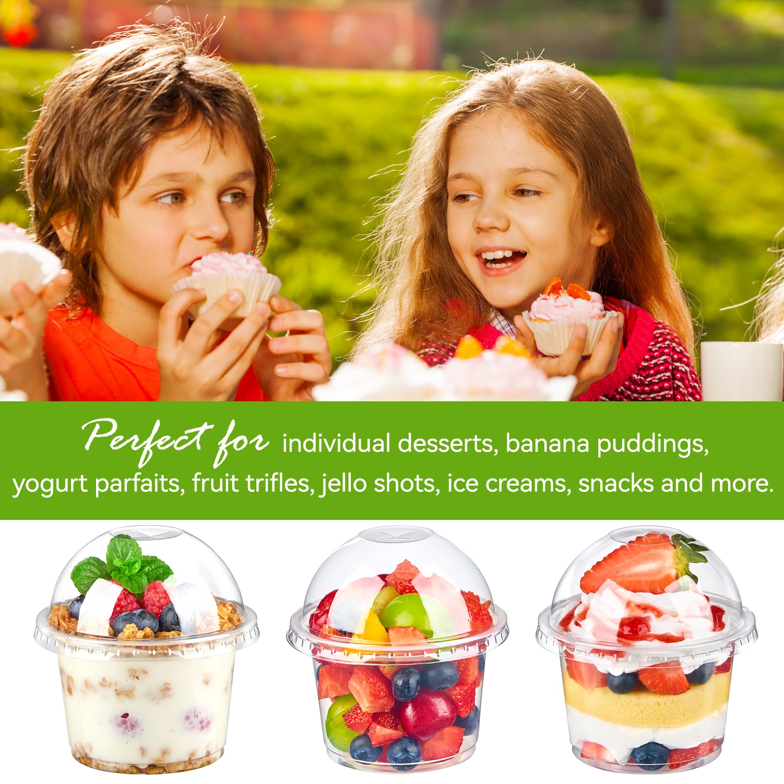 100 Pack 9 oz Clear Plastic Cups with Dome Lids - Disposable Dessert Cups for Yogurt Parfait, Banana Pudding, Ice Cream, Cakes & Party Snacks - Perfect for Birthday Parties, Baby Showers, Weddings & Catering Events