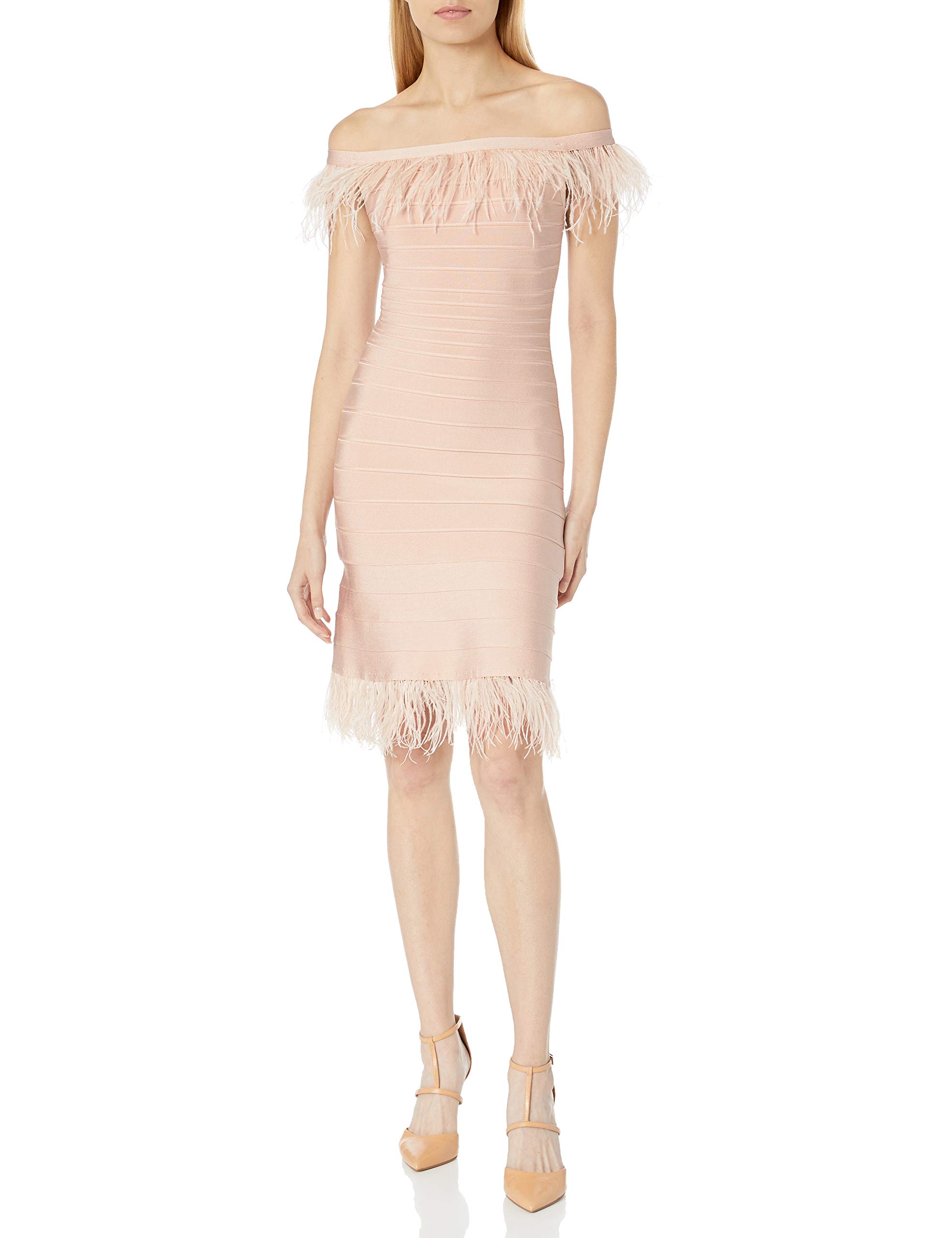 Elliatt Women's Off Shoulder Feather Trim Bodycon Dress - Elegant Party & Evening Gown for Cocktail, Wedding, Prom & Special Occasions