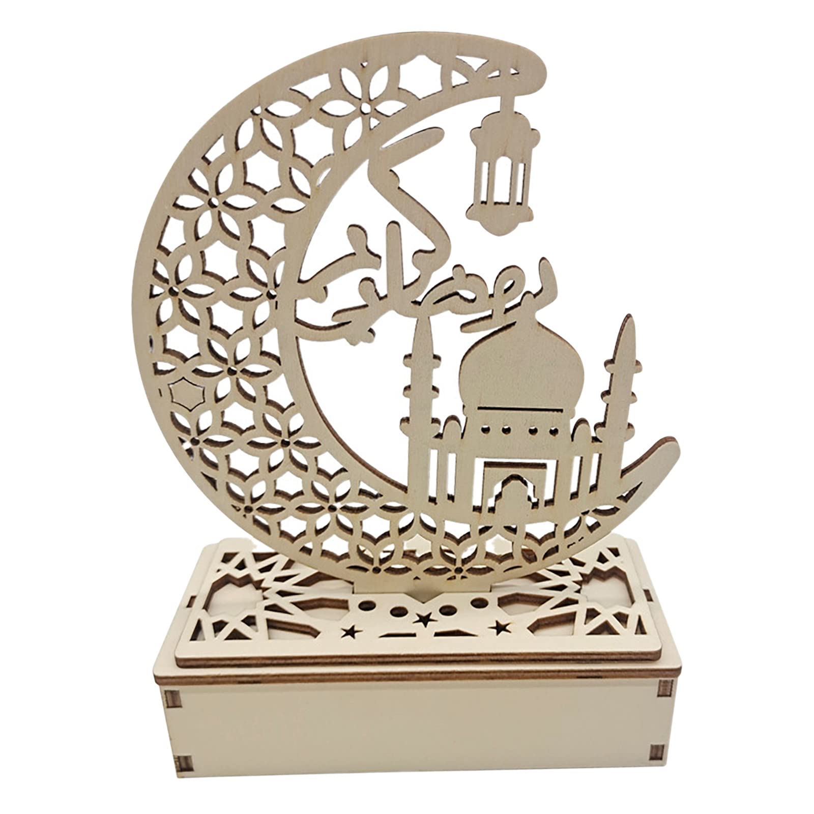 3D Handmade Wooden Ramadan Decoration with LED Lights - Moon & Star Carving, Islamic Eid Mubarak Gift for Muslims, Perfect for Home, Party & Table Decor | Ideal for Ramadan Celebrations, Iftar Gatherings & Festive Home Decor