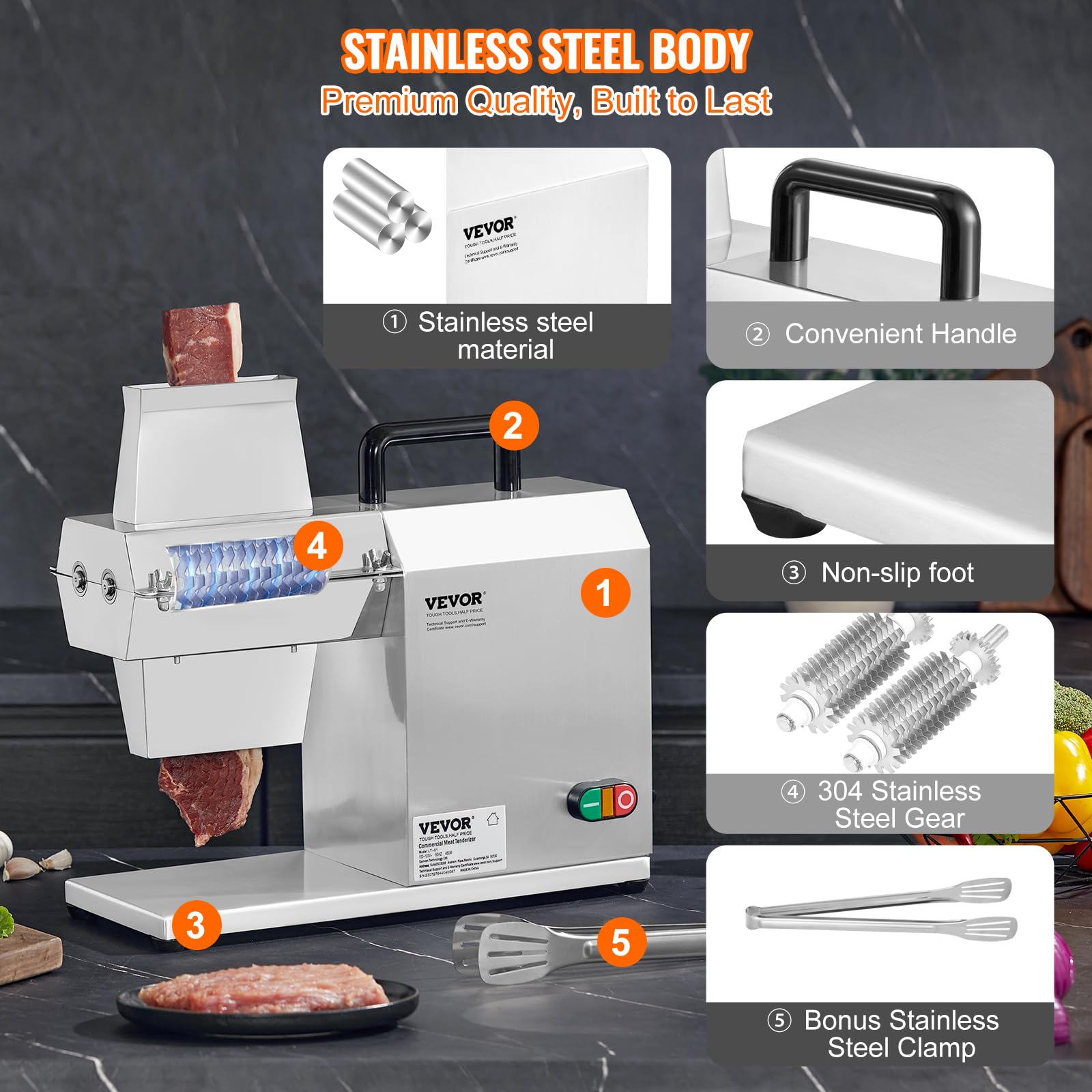 VEVOR 450W Commercial Electric Meat Tenderizer Machine - 17 Inch Heavy Duty Stainless Steel Kitchen Tool with Handle, Meat Tong & Cleaning Brush - Perfect for Beef, Turkey, Chicken, Pork & Fish - Ideal for Restaurants, Butcher Shops & Home Kitchens