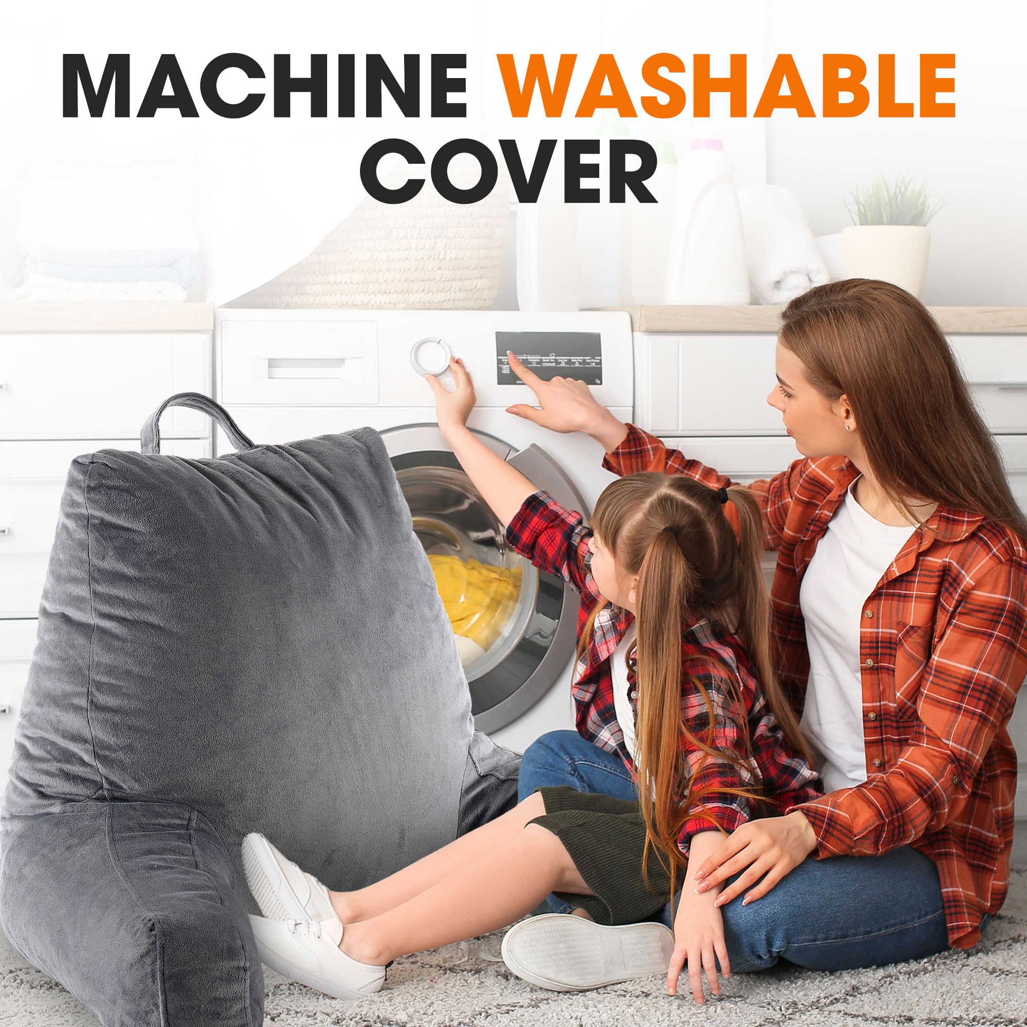 Cheer Collection Reading Pillow with Arms - Large Gray Foam-Filled Backrest Pillow for Sitting Comfort on Bed & Couch, Portable Support for Reading, Watching TV & Relaxing - Machine Washable