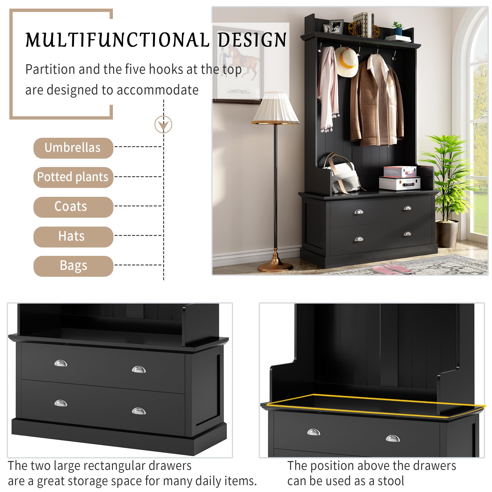 Polibi Hall Tree Storage Bench with 5 Metal Hooks & 2 Large Drawers - Entryway Coat Rack Organizer with Metal Handles, Black - Perfect for Mudroom, Foyer & Small Space Organization