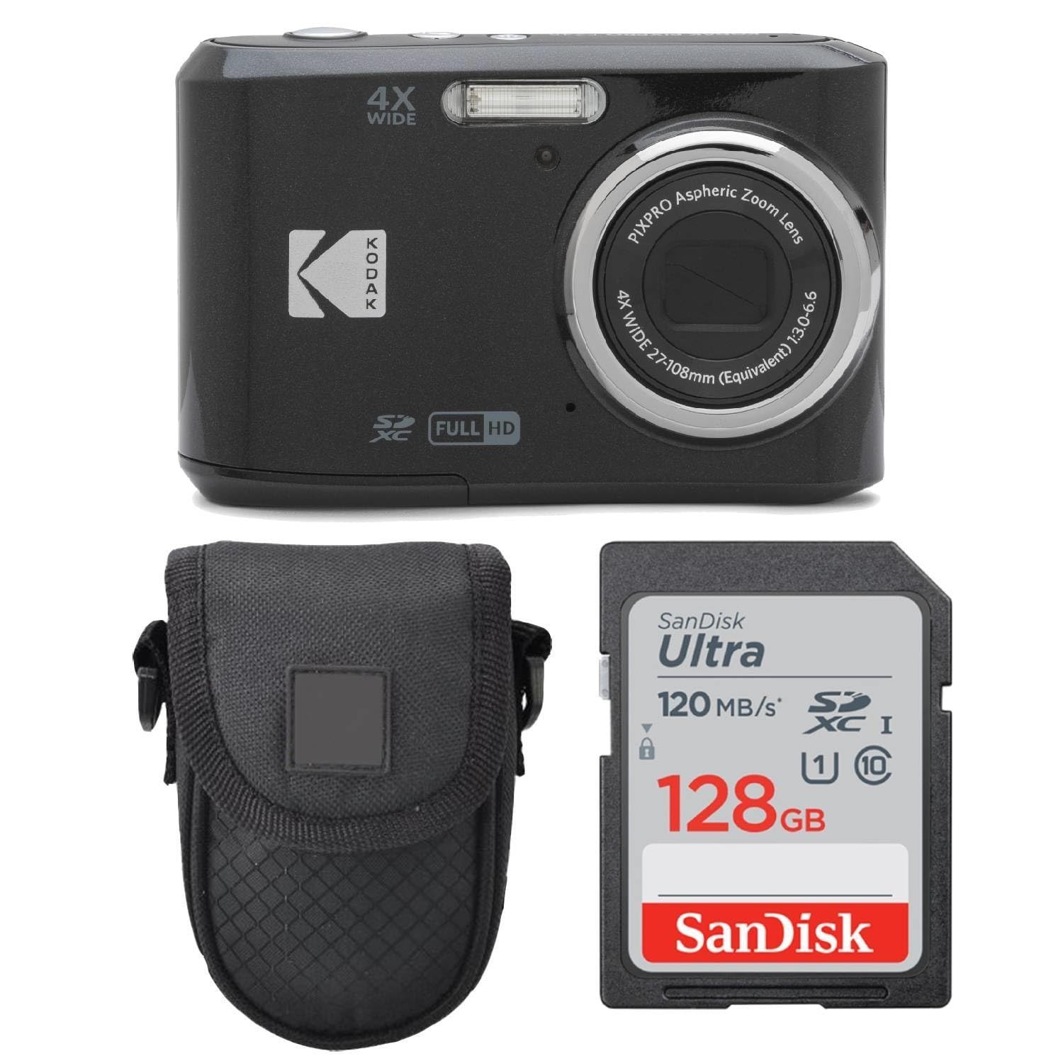 Kodak PIXPRO FZ45 16MP Digital Camera with 4X Optical Zoom - Black Point & Shoot Camera Bundle with Protective Case & SanDisk 128GB SDXC Memory Card - Perfect for Travel, Vlogging & Everyday Photography