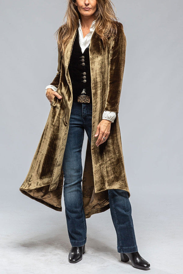 Vintage Velvet Long Loose Pocket Slit Coat - Women's Elegant Trench Coat with Pockets for Fall Winter Fashion, Perfect for Office, Date Night and Special Occasions