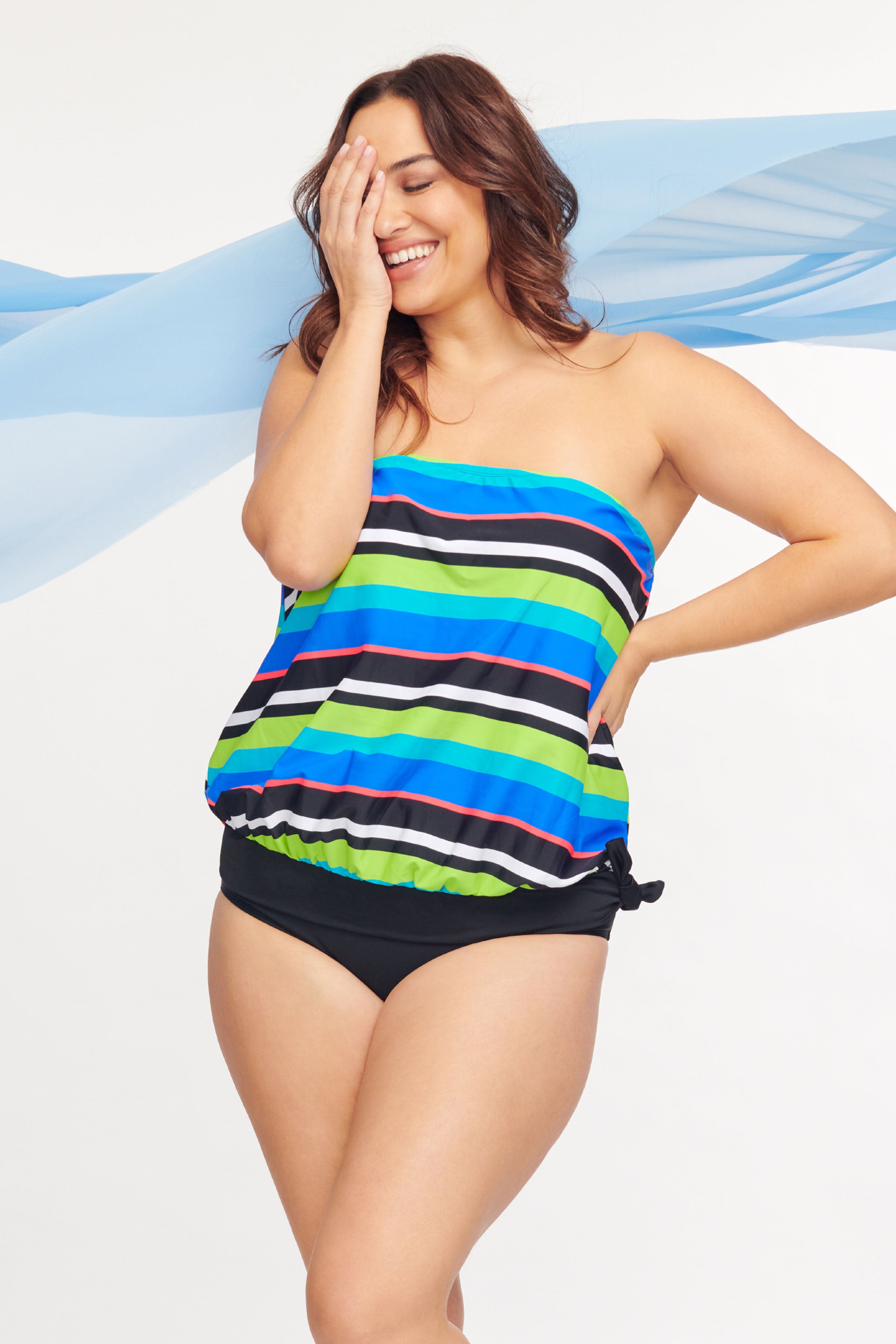 Plus Size Draped Blouson Tankini Top - Bold Striped Swimwear for Women | Beach Vacation & Pool Party Outfit