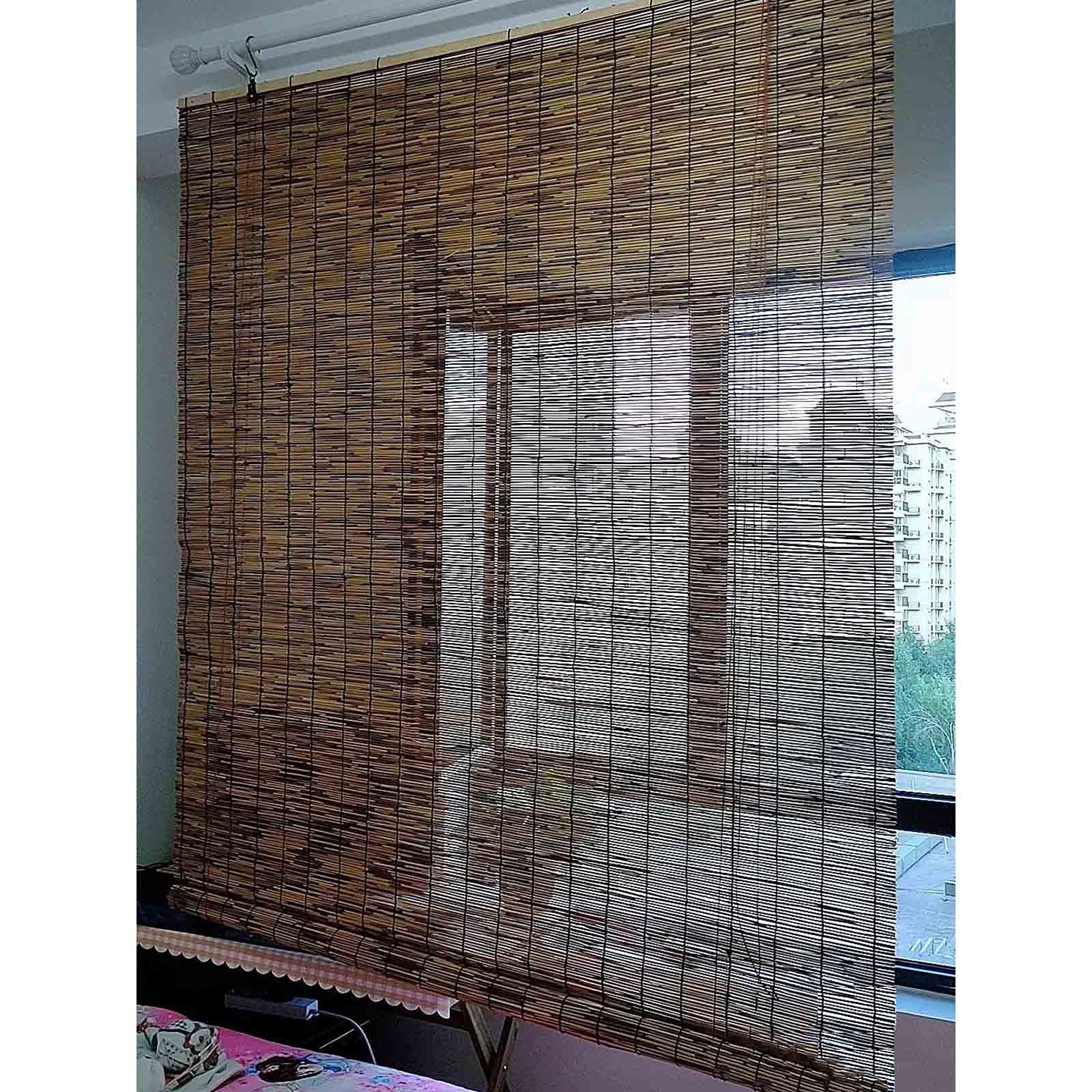 Bamboo Roller Blinds - Reed Roll Up Shades for Pergola & Outdoor Sun Protection - 59x87in (150x220cm) Waterproof & Heat Insulating Roman Straw Curtain - No Drilling Required - Perfect for Patio, Balcony, and Garden Shade