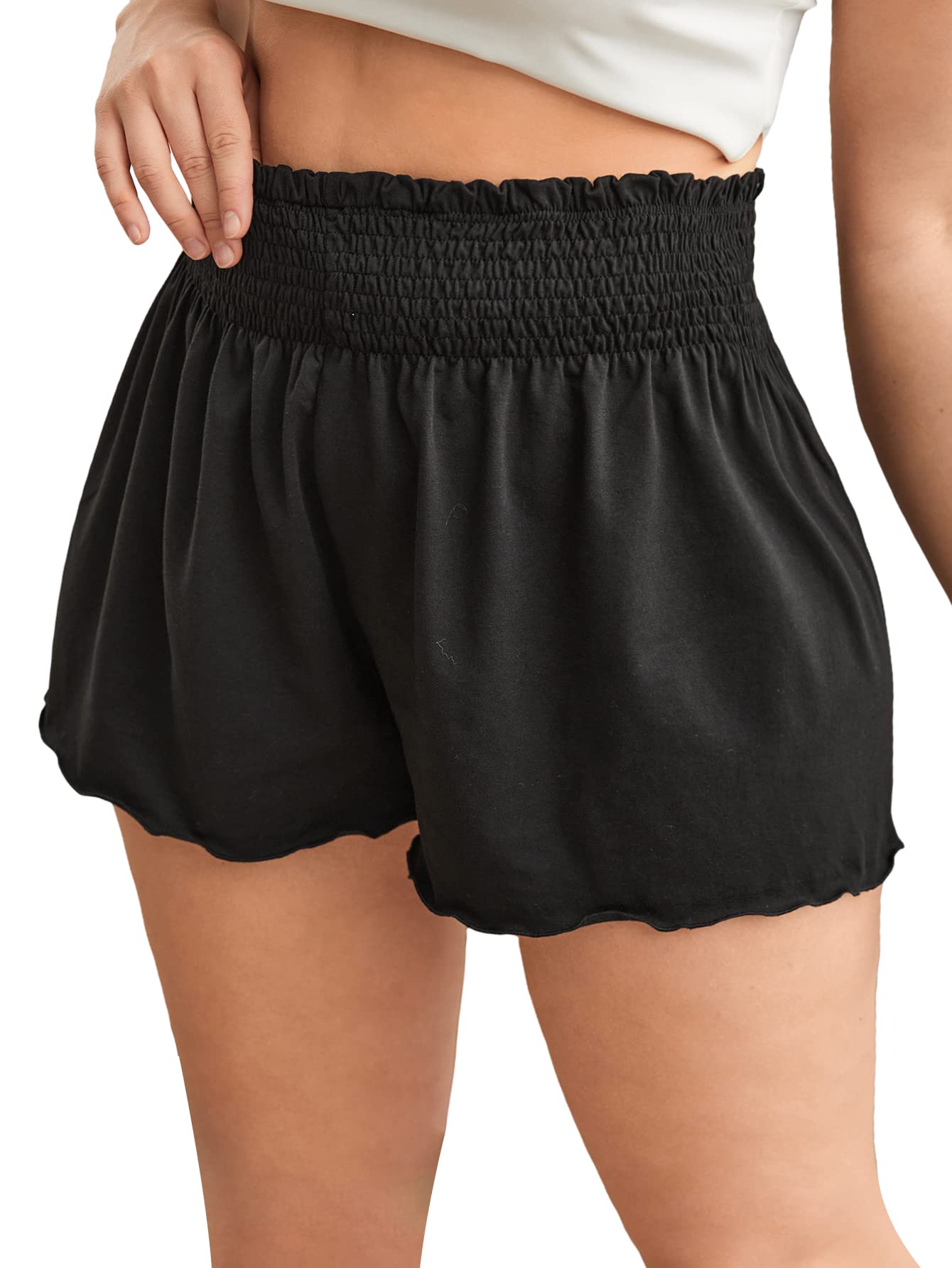 Romwe Women's Plus Size High Elastic Waist Lettuce Trim Wide Leg Shorts - Comfortable Summer Casual Shorts for Beach, Travel & Everyday Wear