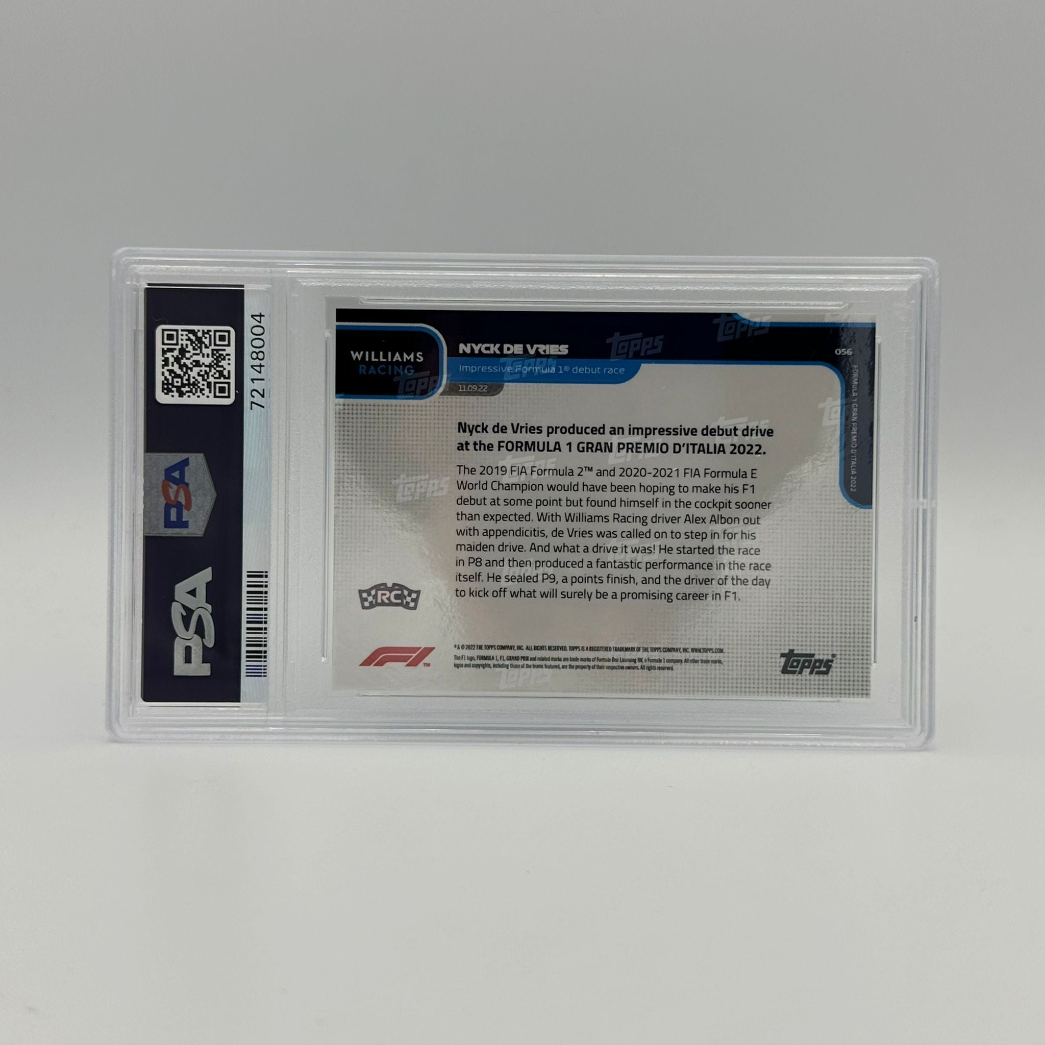 PSA 9 Graded 17/99 Nyck de Vries 2021 Formula 1 Debut Rookie Card #056 - Perfect for F1 Collectors, Racing Memorabilia Displays, and Sports Card Investments