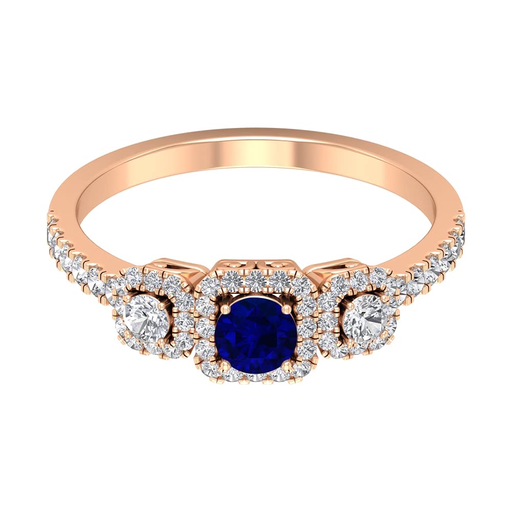 1 CT Natural Blue Sapphire & Diamond Three Stone Ring in 14K Solid Gold – Vintage Style Engagement Ring for Women, Perfect for Weddings, Anniversaries & Special Occasions