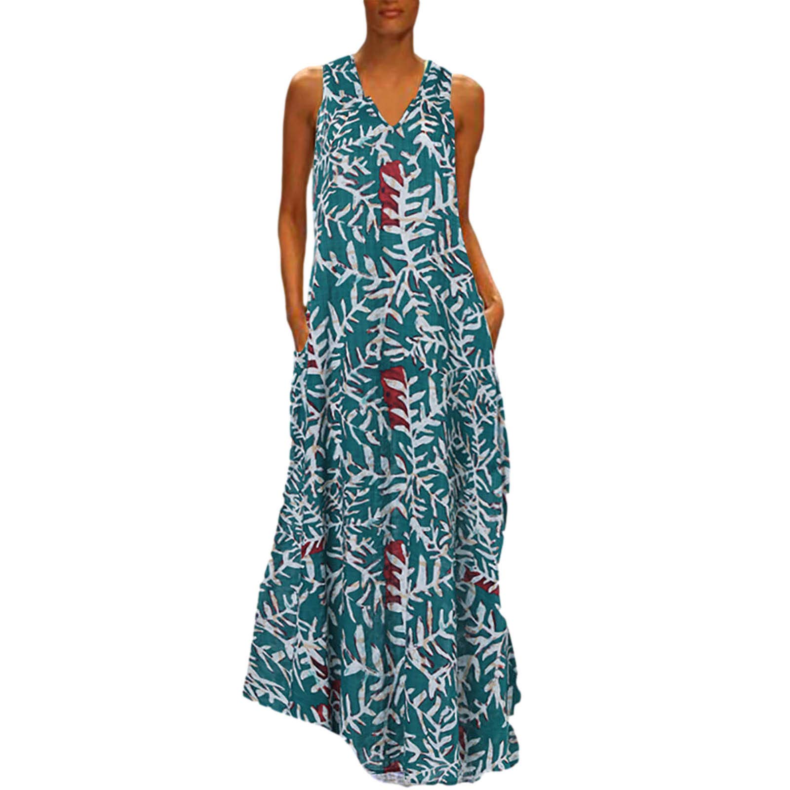 Fekuit Women's Vintage Boho Sundress - V Neck Sleeveless Casual Summer Tank Dress Plus Size Flowy Beach Dress for Vacation, Party & Everyday Wear