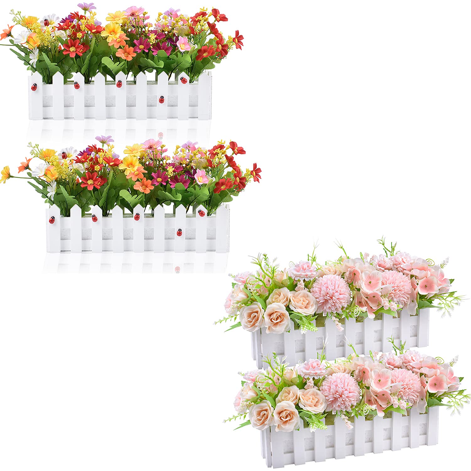 Artificial Flowers in Wood Fence Pot - Realistic Floral Arrangement for Home & Garden Decor - Perfect for Porch, Patio, and Outdoor Wedding Decorations