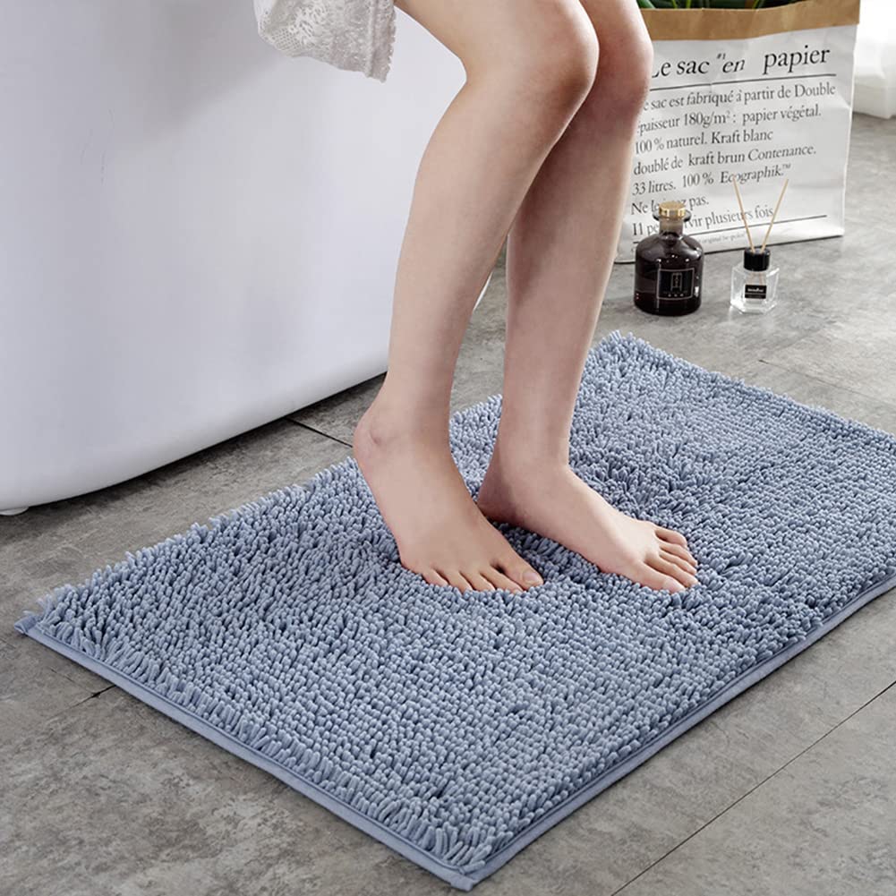 Soft Plush Chenille Bathroom Rug - Non-Slip, Absorbent, Machine Washable Shaggy Microfiber Mat for Bathroom, Shower & Bedroom Floor - Grey Blue, 20