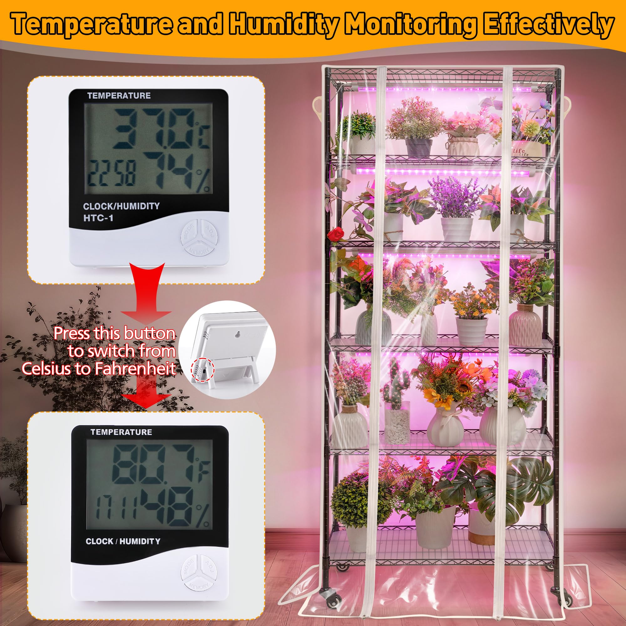 6 Tier Metal Plant Shelf with Grow Lights - 90W LED Indoor Greenhouse for Seed Starting, DIY Grow Rack with Cover, Timer, Thermometer & pH Meter | Perfect for Hydroponics, Herb Gardens & Small Space Gardening