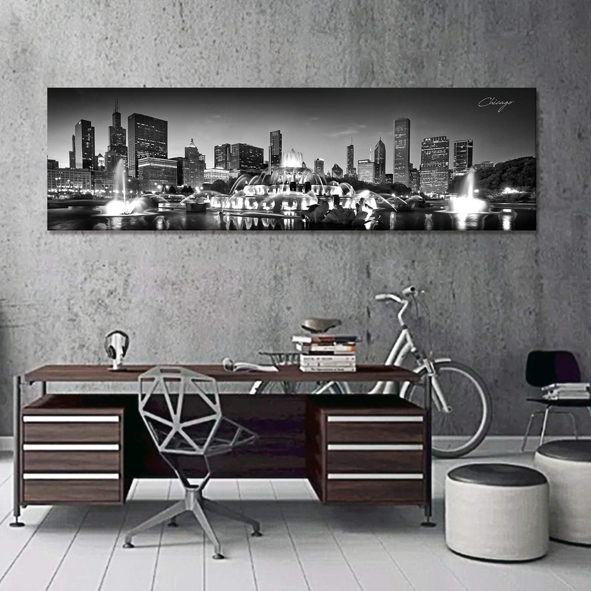 Chicago Skyline Canvas Wall Art - Black & White Panoramic Cityscape Print, Modern Home & Office Decor (14x48