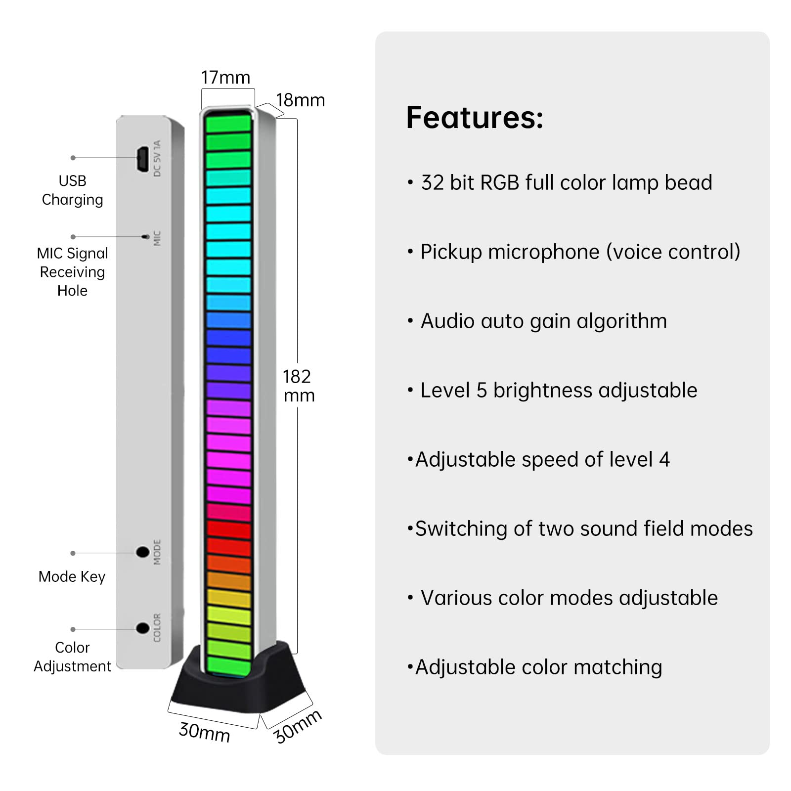 GINGO RGB Voice-Activated Music Light Bar - 32 Bit Audio Spectrum LED with Sound Control for Car, Desktop & Gaming Setup | Perfect for Vehicles, Parties & Home Entertainment
