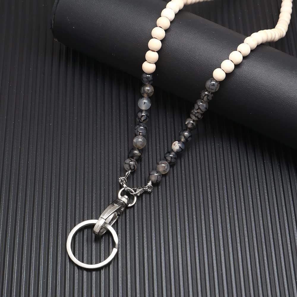Wooden Beaded Lanyard for ID Badges & Keys - Black Dragon Vein Stone - Office & Event Use